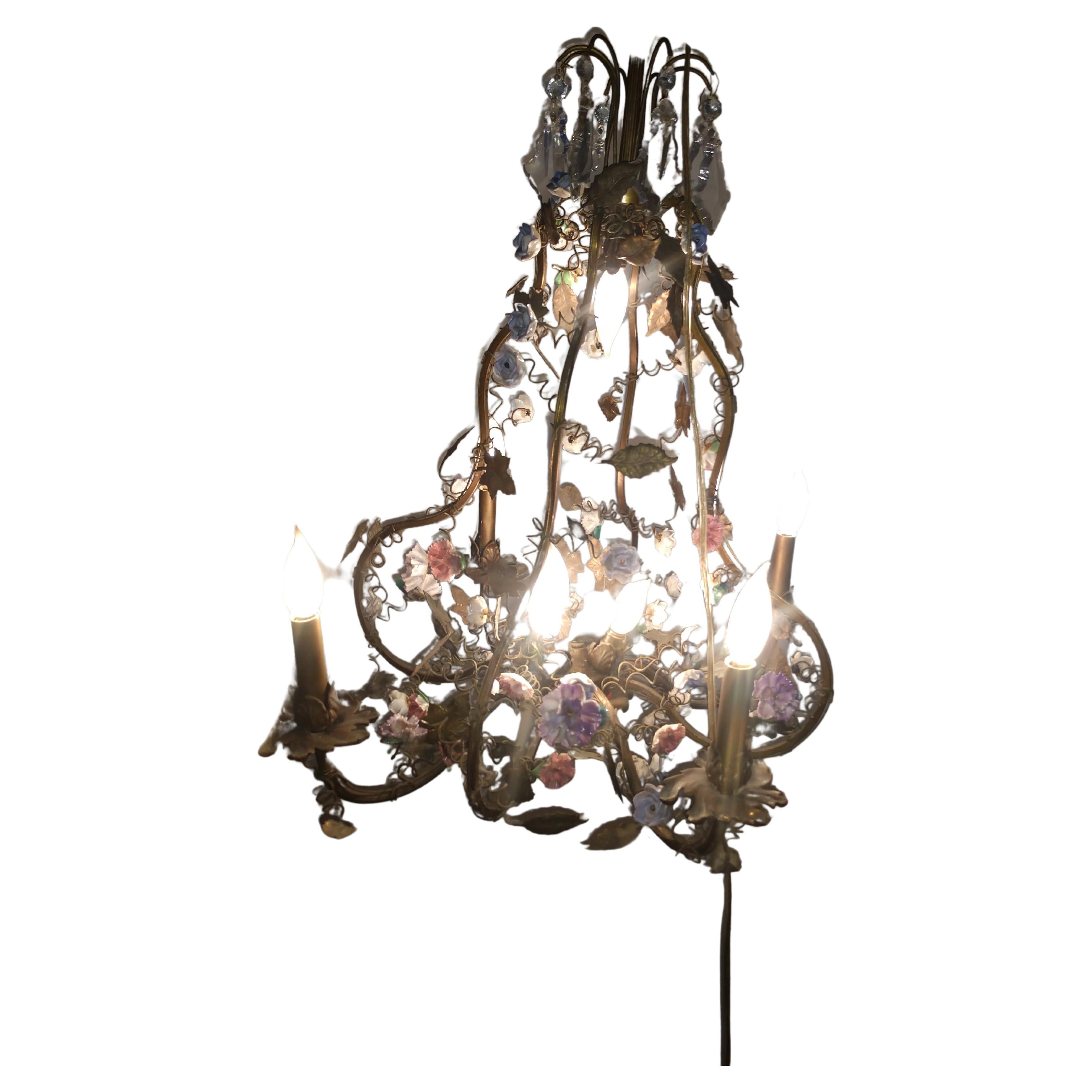Brass Chandelier with Enameled Florets and Patinated Leaves For Sale