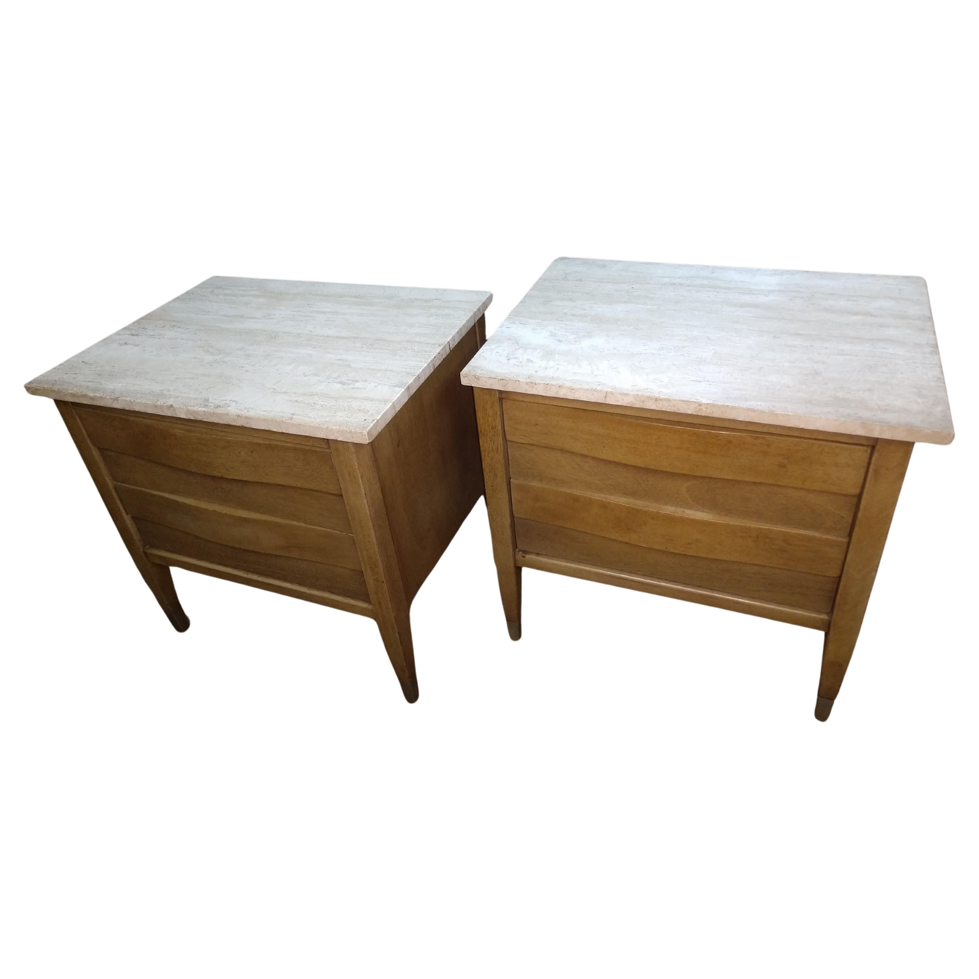 Stained Mid Century Modern American of Martinsville Travertine Top Night Tables For Sale