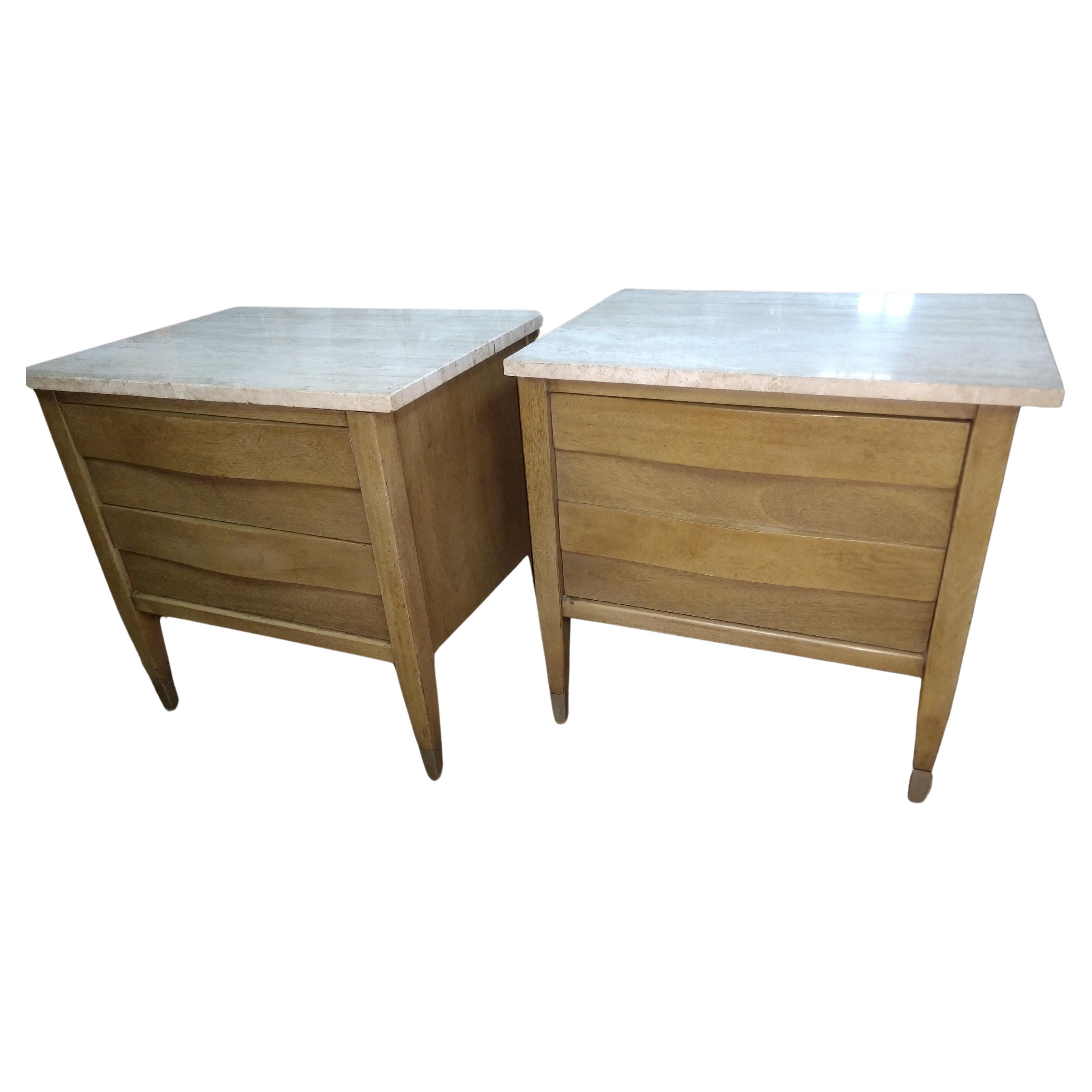Mid Century Modern American of Martinsville Travertine Top Night Tables For Sale