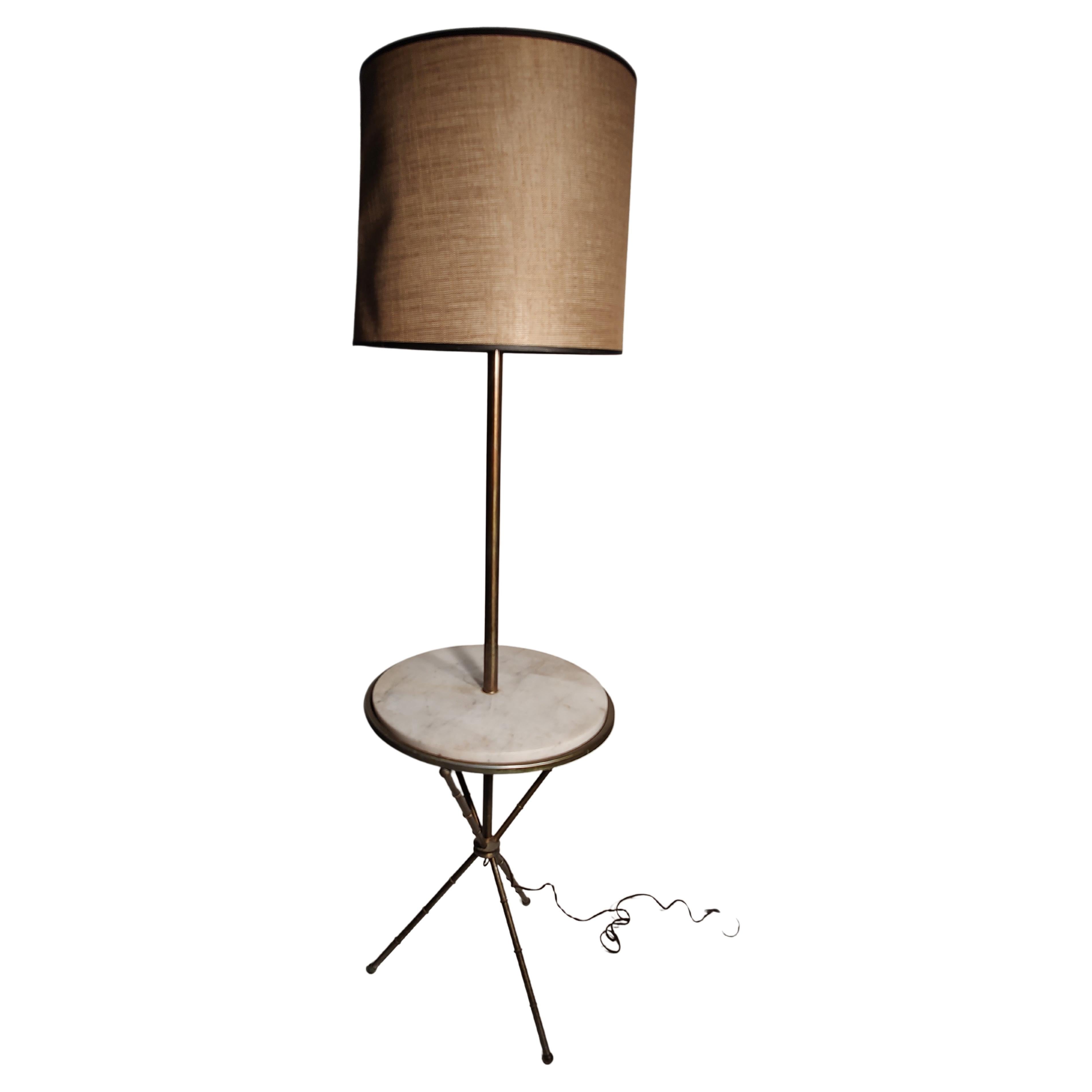 Italian Mid-Century Faux Bamboo with Carrara Marble Table Floor Lamp For Sale