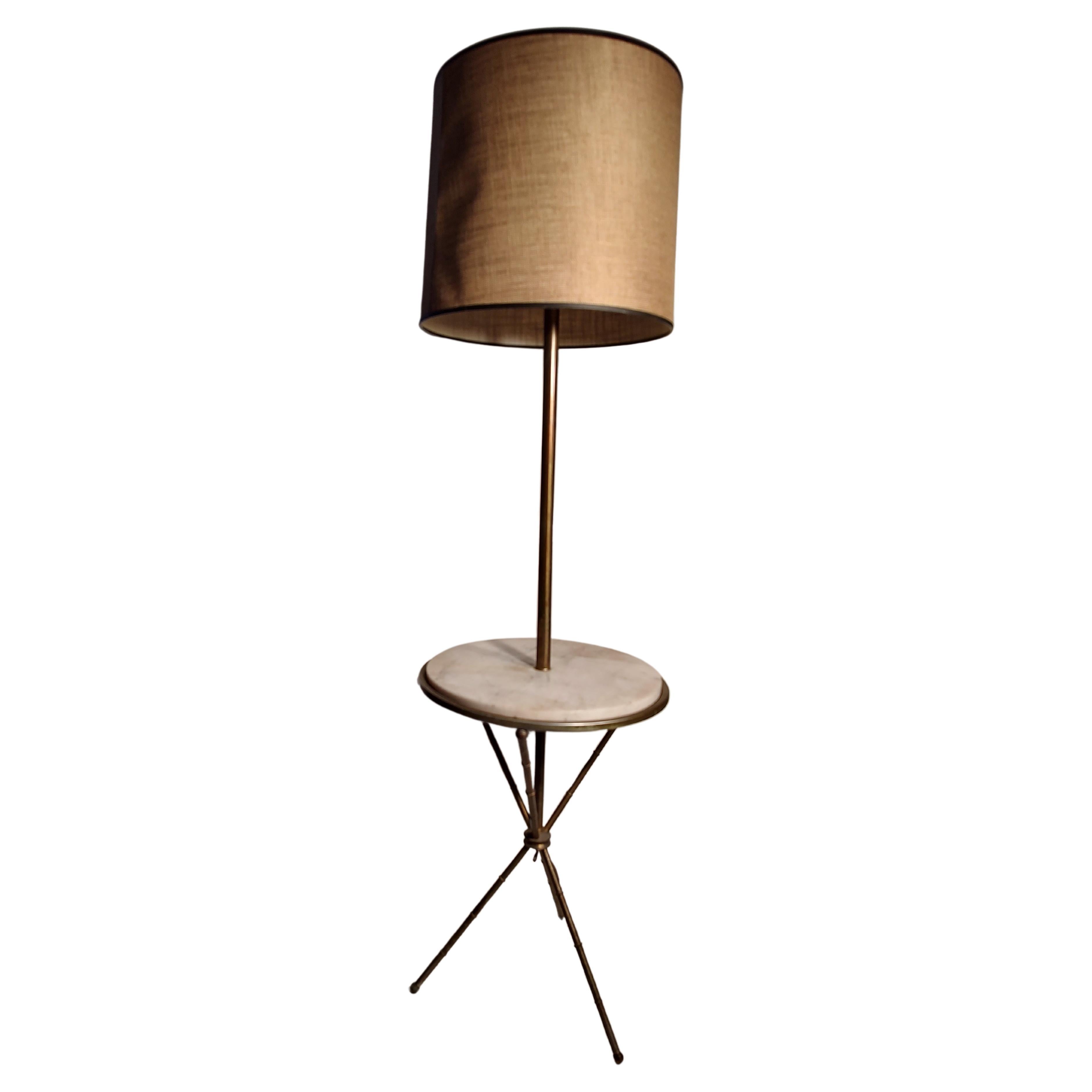 Mid-Century Faux Bamboo with Carrara Marble Table Floor Lamp For Sale