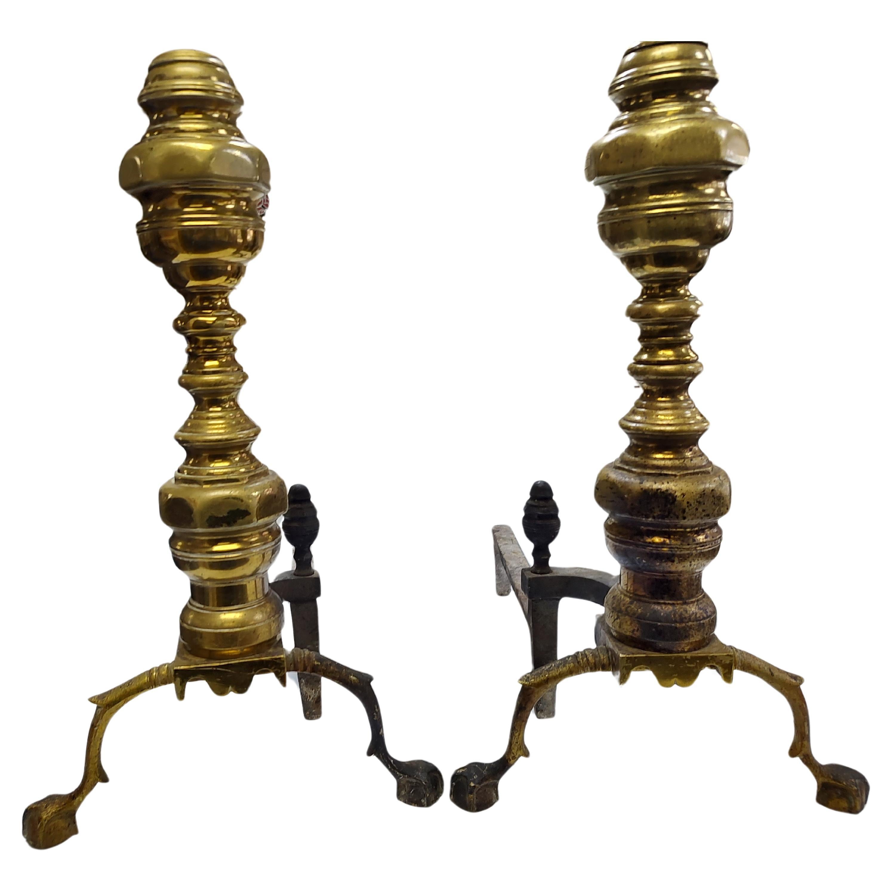 Pair of Tall Solid Brass Harvin Co. Federal Style Andirons