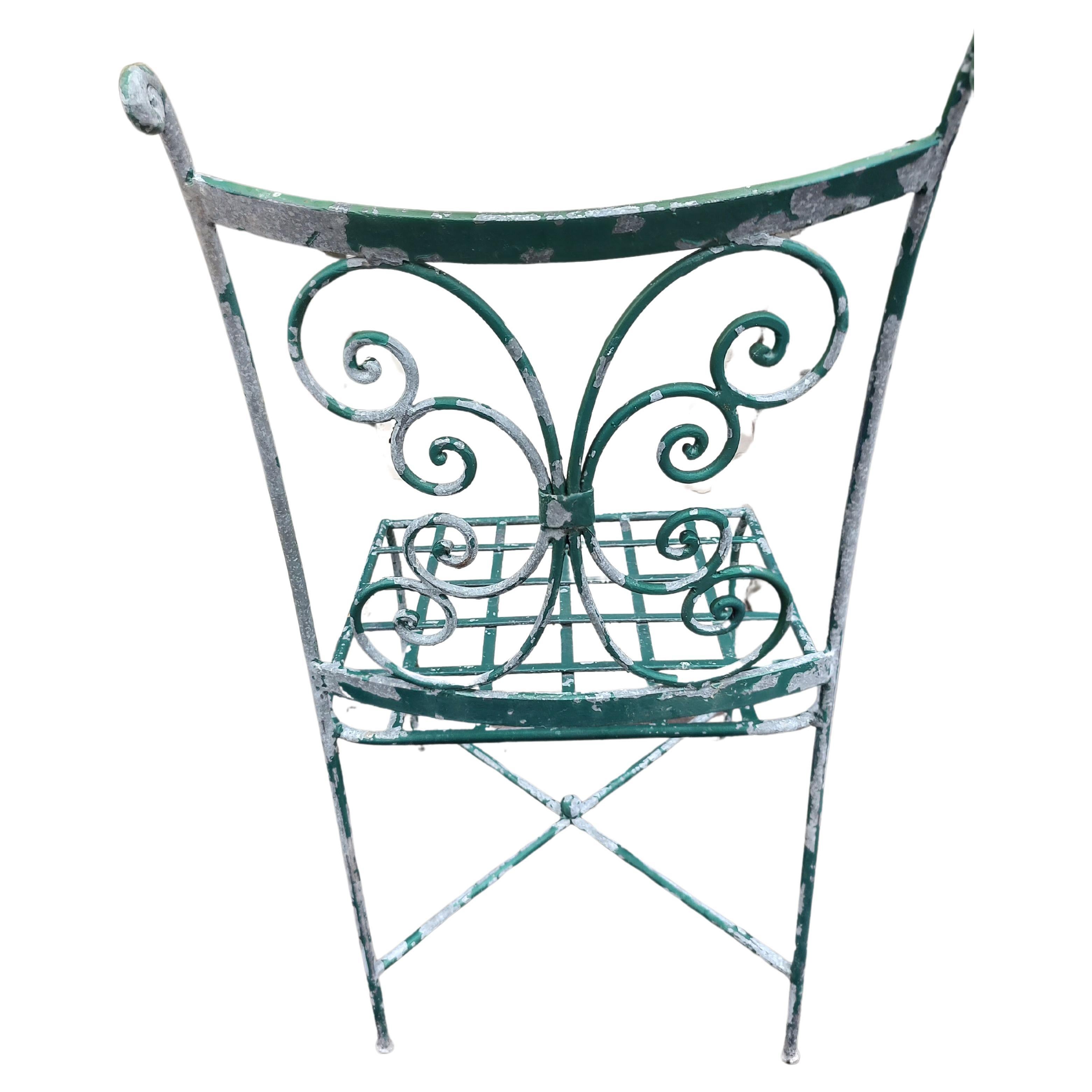 Hand-Crafted Pair of French Iron Scroll Back Zinc Coated Outdoor Garden Cafe Chairs For Sale