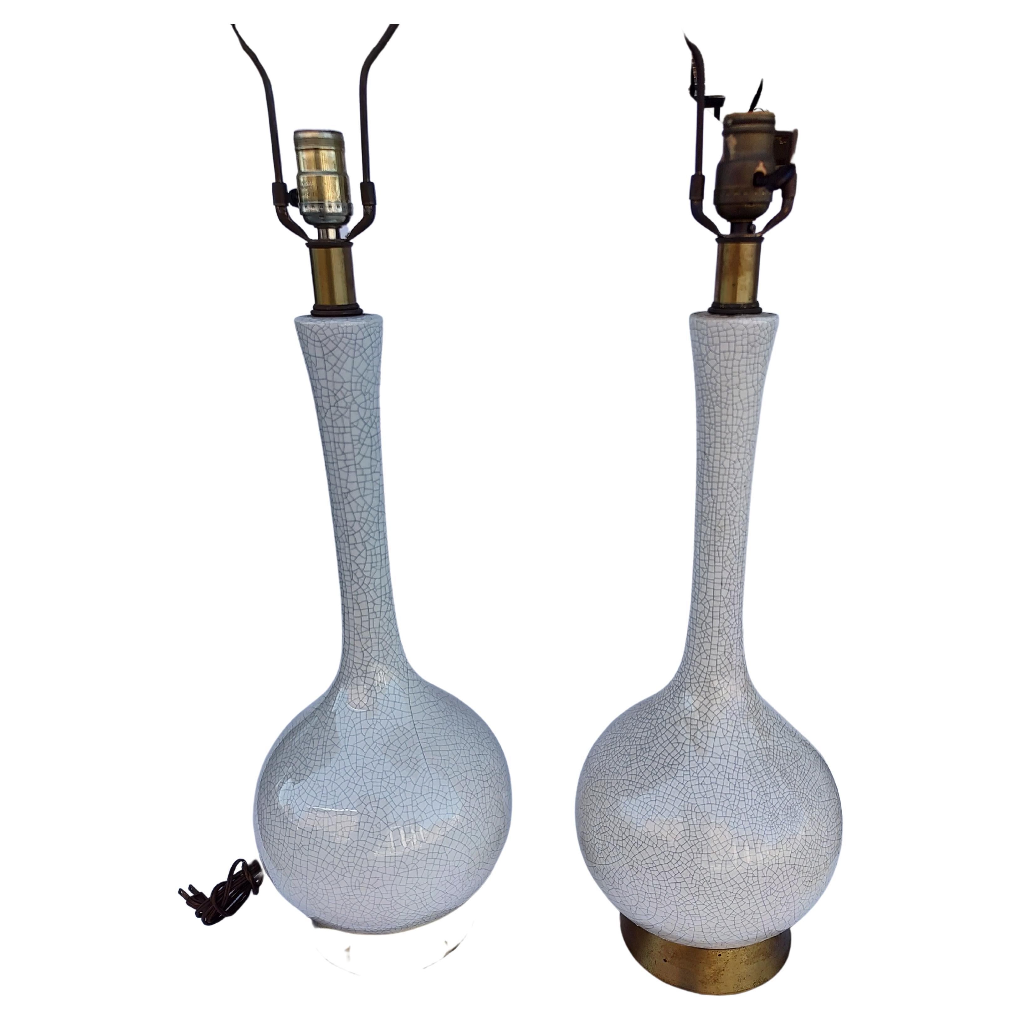 American Pair of Mid Century Modern Bottle Shape Table Lamps with Crackle Glaze For Sale