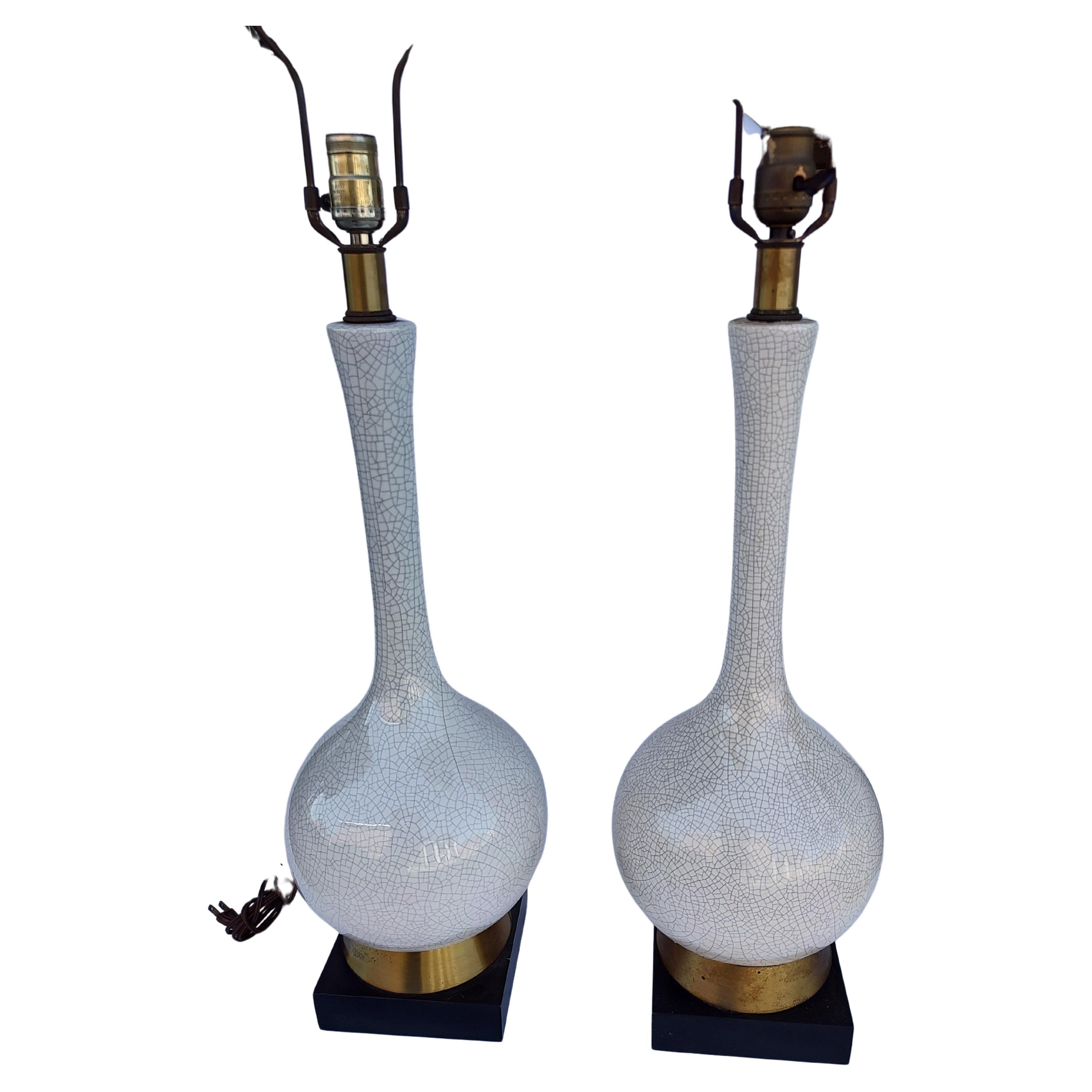 Pair of Mid Century Modern Bottle Shape Table Lamps with Crackle Glaze For Sale