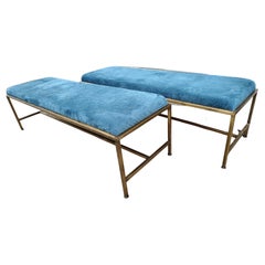 Used One Large Brass Mid Century Bench with Textured Velvet Fabric