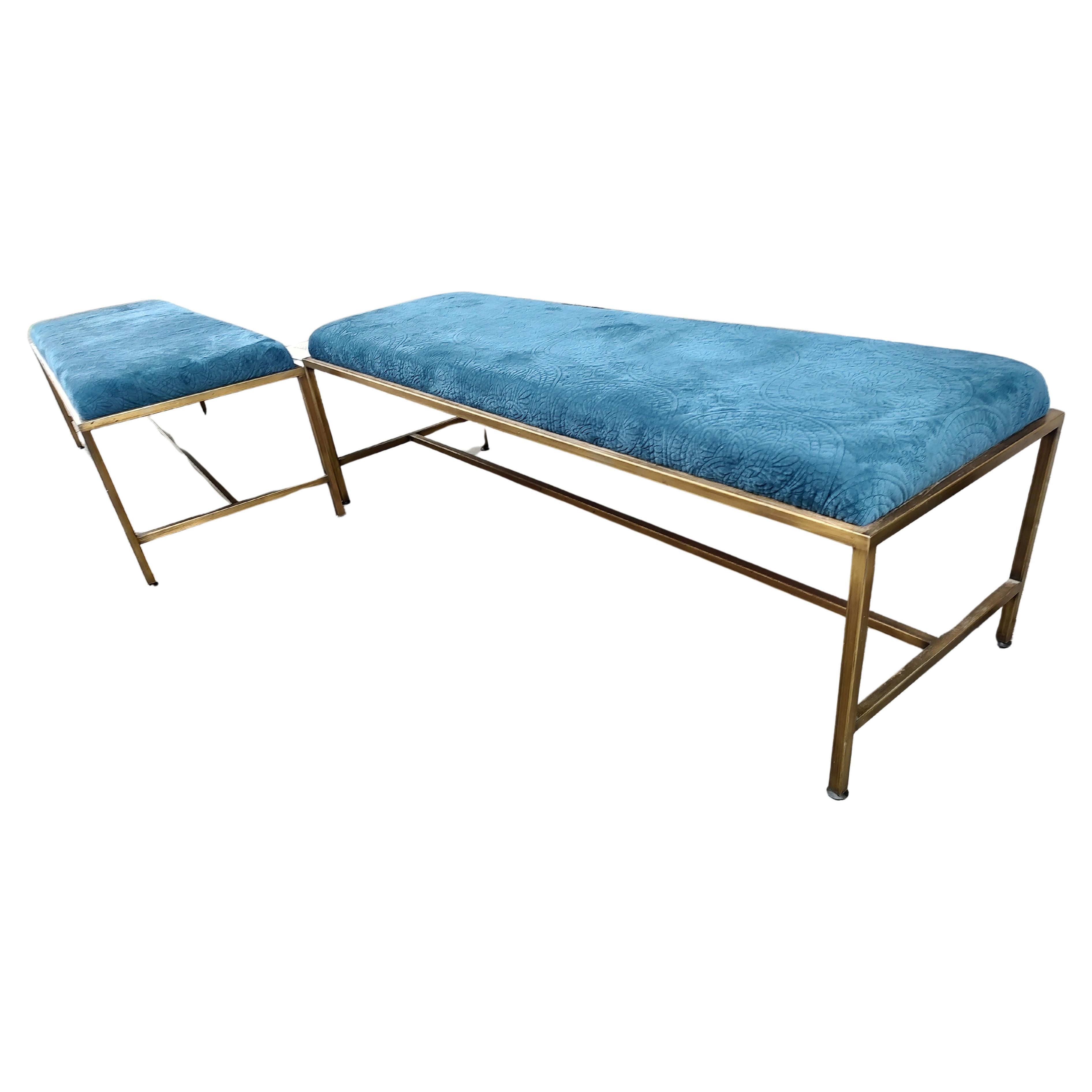 Welded One Large Brass Mid Century Bench with Textured Velvet Fabric