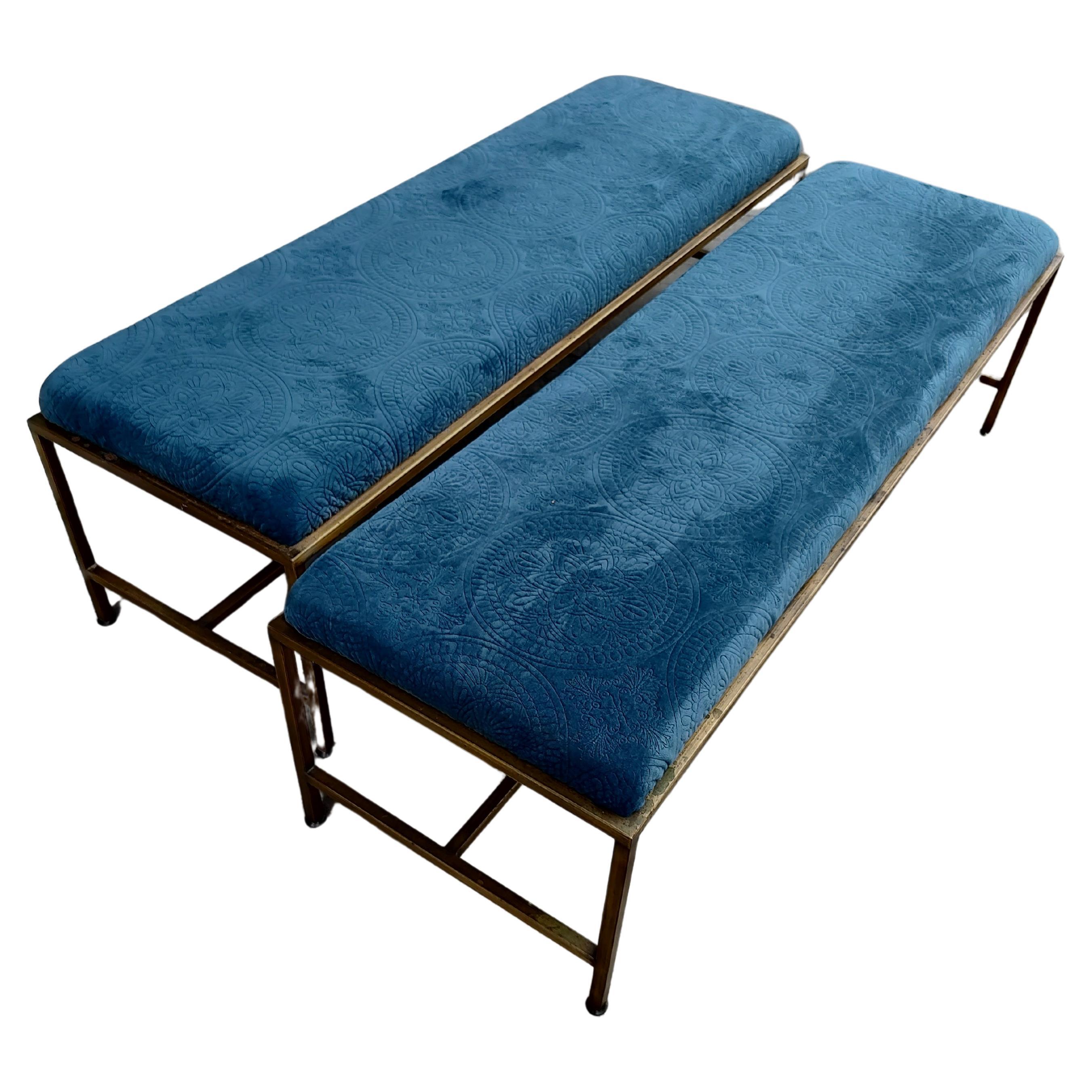 Mid-Century Modern One Large Brass Mid Century Bench with Textured Velvet Fabric