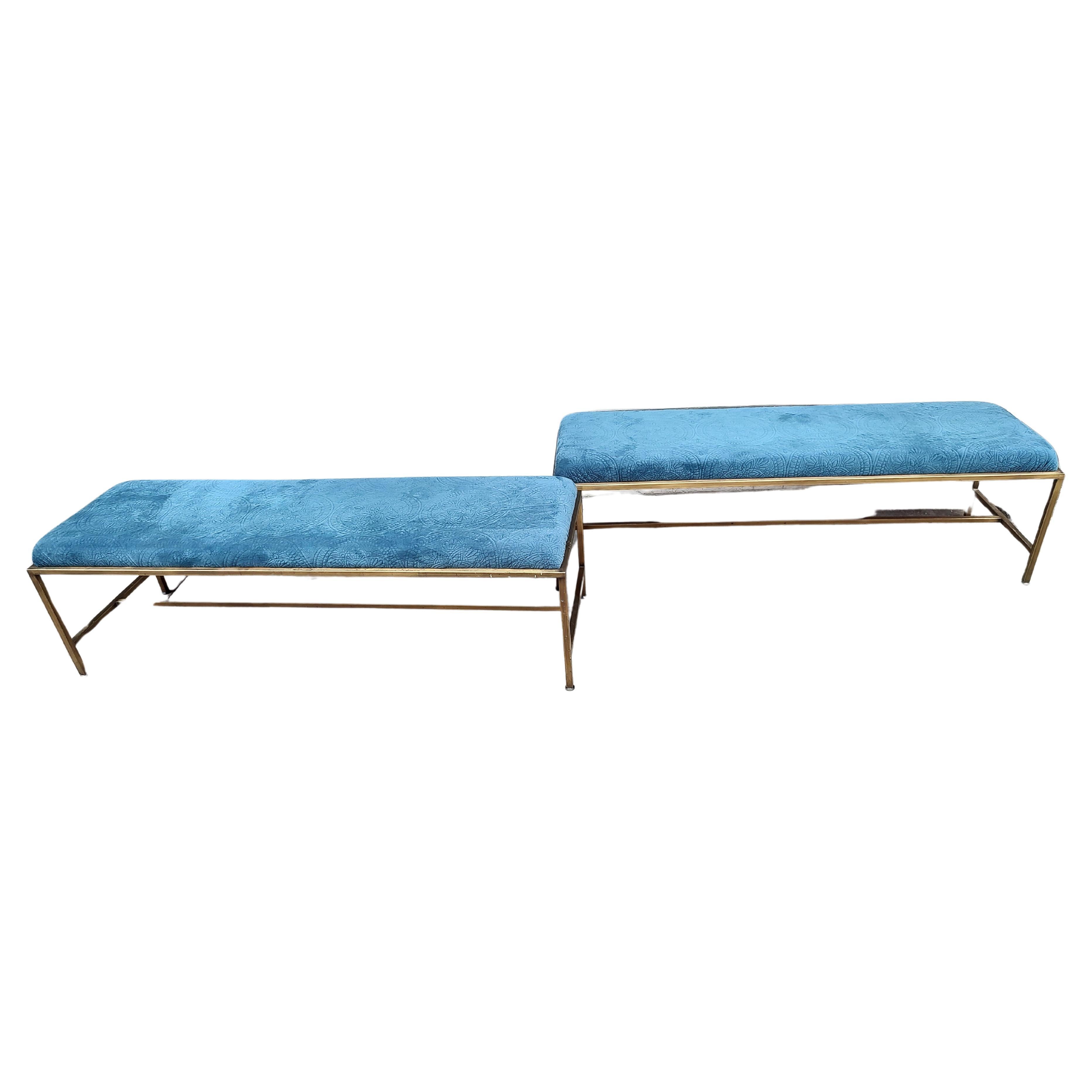 Fabulous Mid-Century Modern bench with Textured Velvet Upholstery. In very good condition with minimal wear. New Fabric. Multiple uses for these pieces, foot of bed or vanity bench , entryway flanking each other. Many other possibilities. Two spots