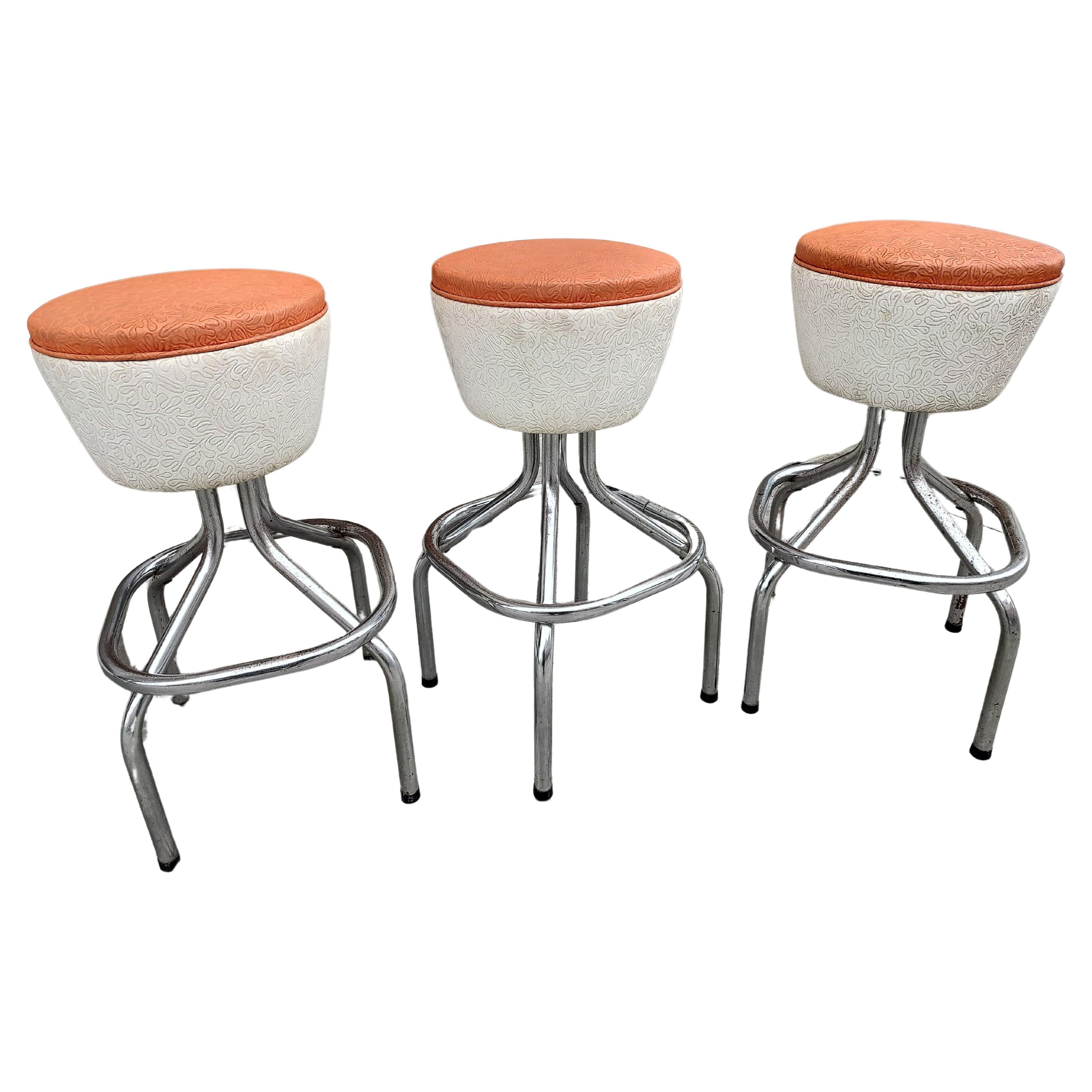 Set of Three Swiveling 1950s Conical Two Tone Bar Stools For Sale