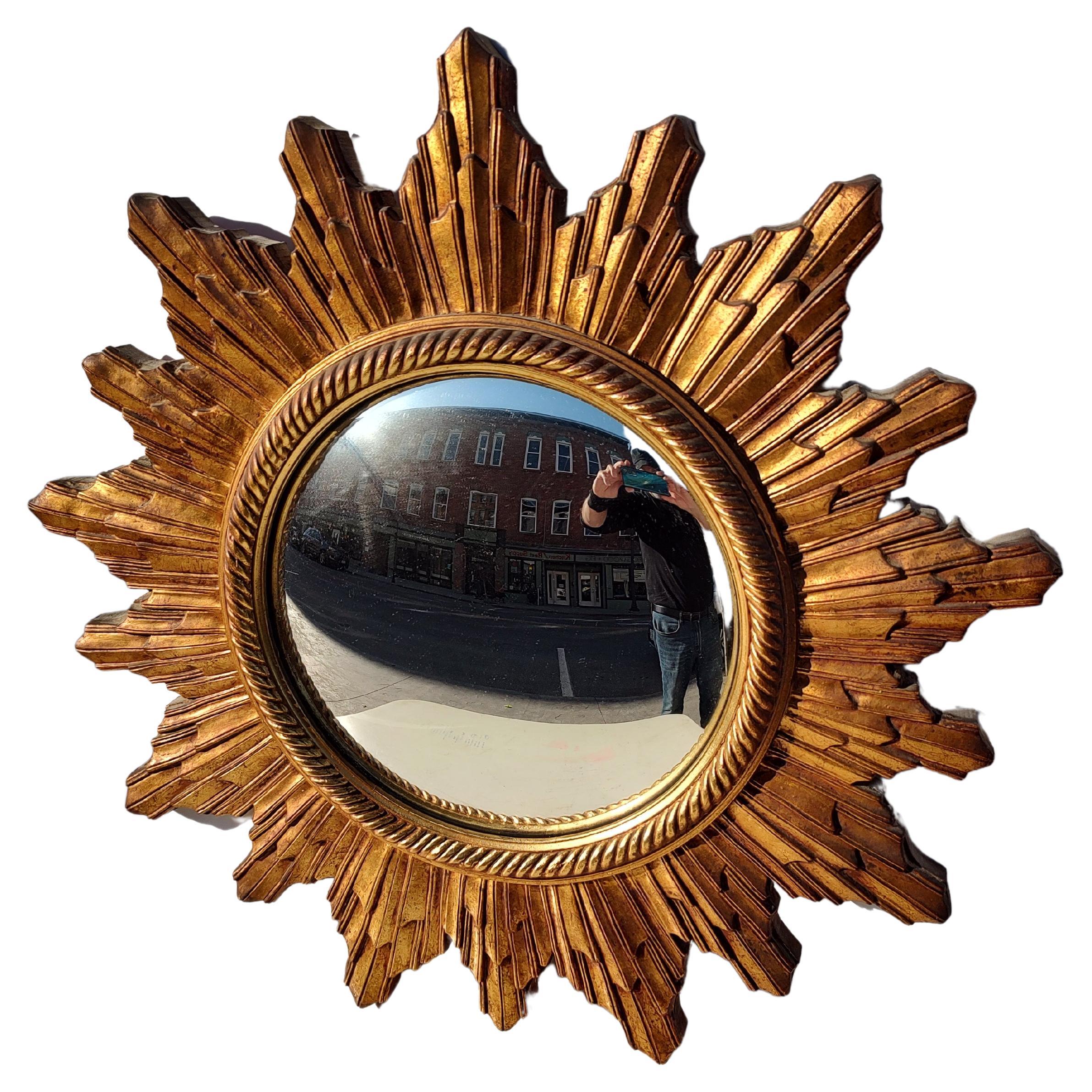 Mid-Century Modern Carved Wood Hollywood Regency Convex Sunburst Mirror C1965 For Sale