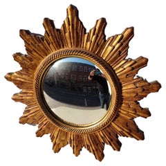 Mid-Century Modern Carved Wood Hollywood Regency Convex Sunburst Mirror C1965