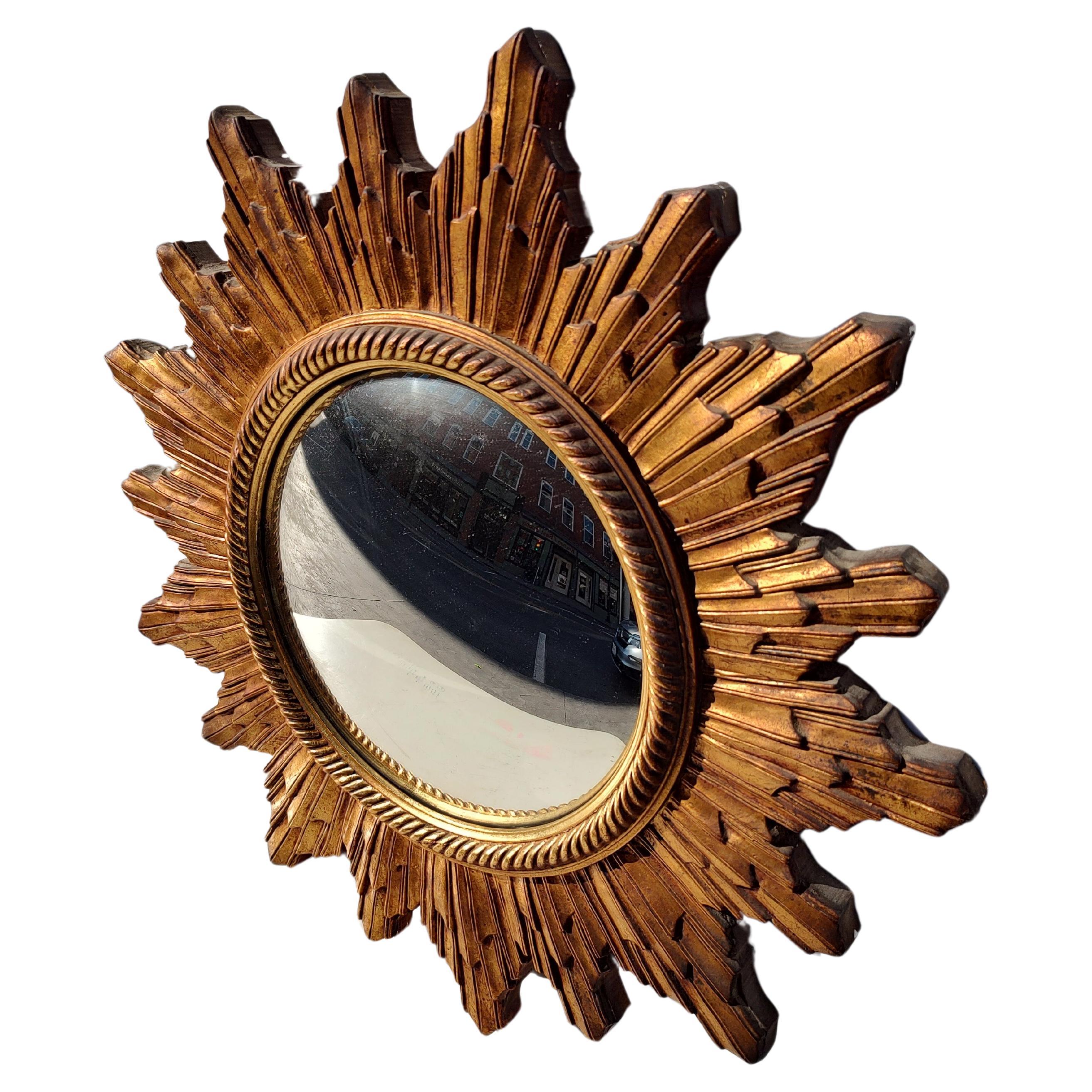 Gilt Mid-Century Modern Carved Wood Hollywood Regency Convex Sunburst Mirror C1965 For Sale