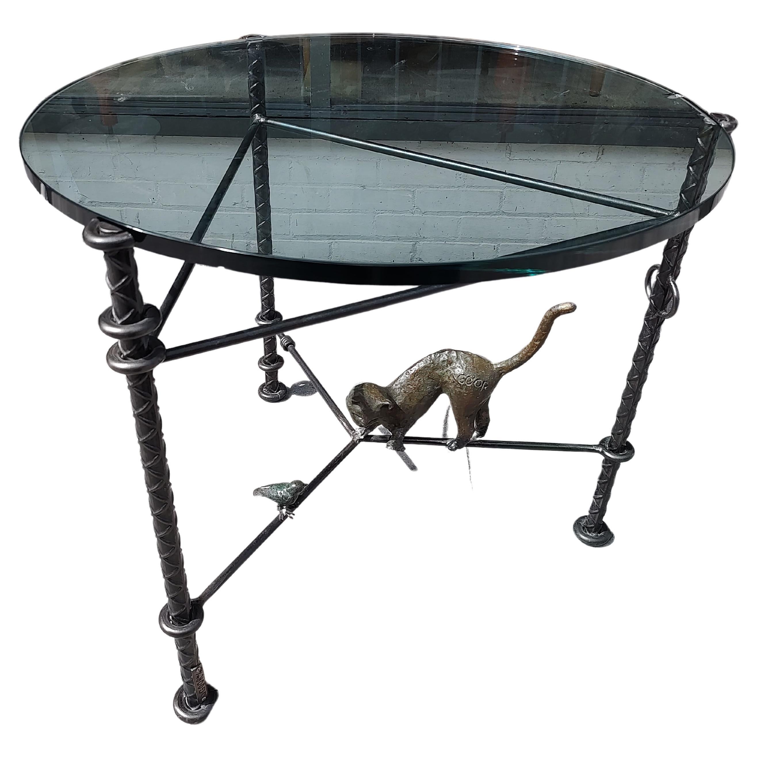 Llana Goor Israel Bronze Mid Century Table with Cat & Bird Dimensional Glass Top In Good Condition For Sale In Port Jervis, NY
