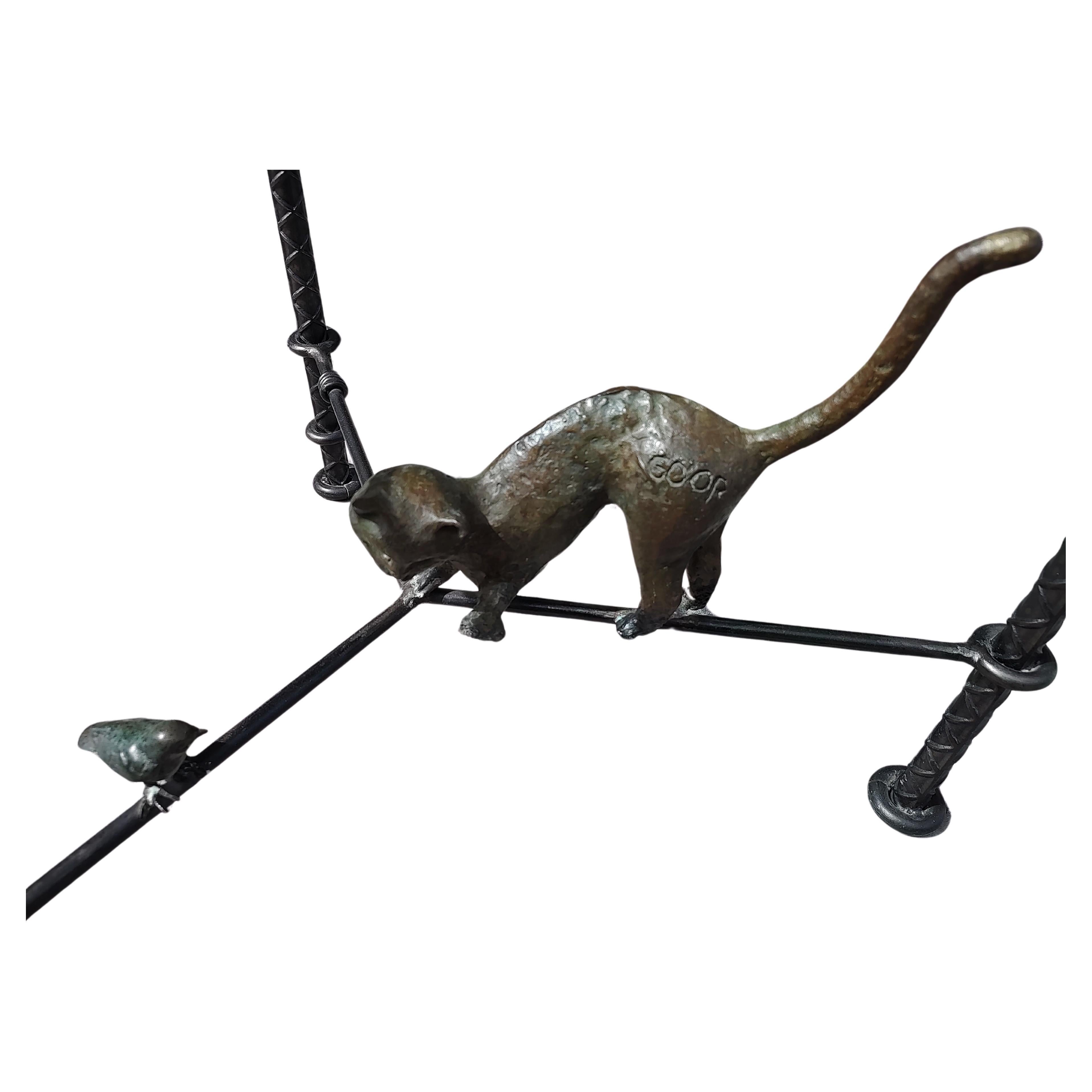 Late 20th Century Llana Goor Israel Bronze Mid Century Table with Cat & Bird Dimensional Glass Top For Sale