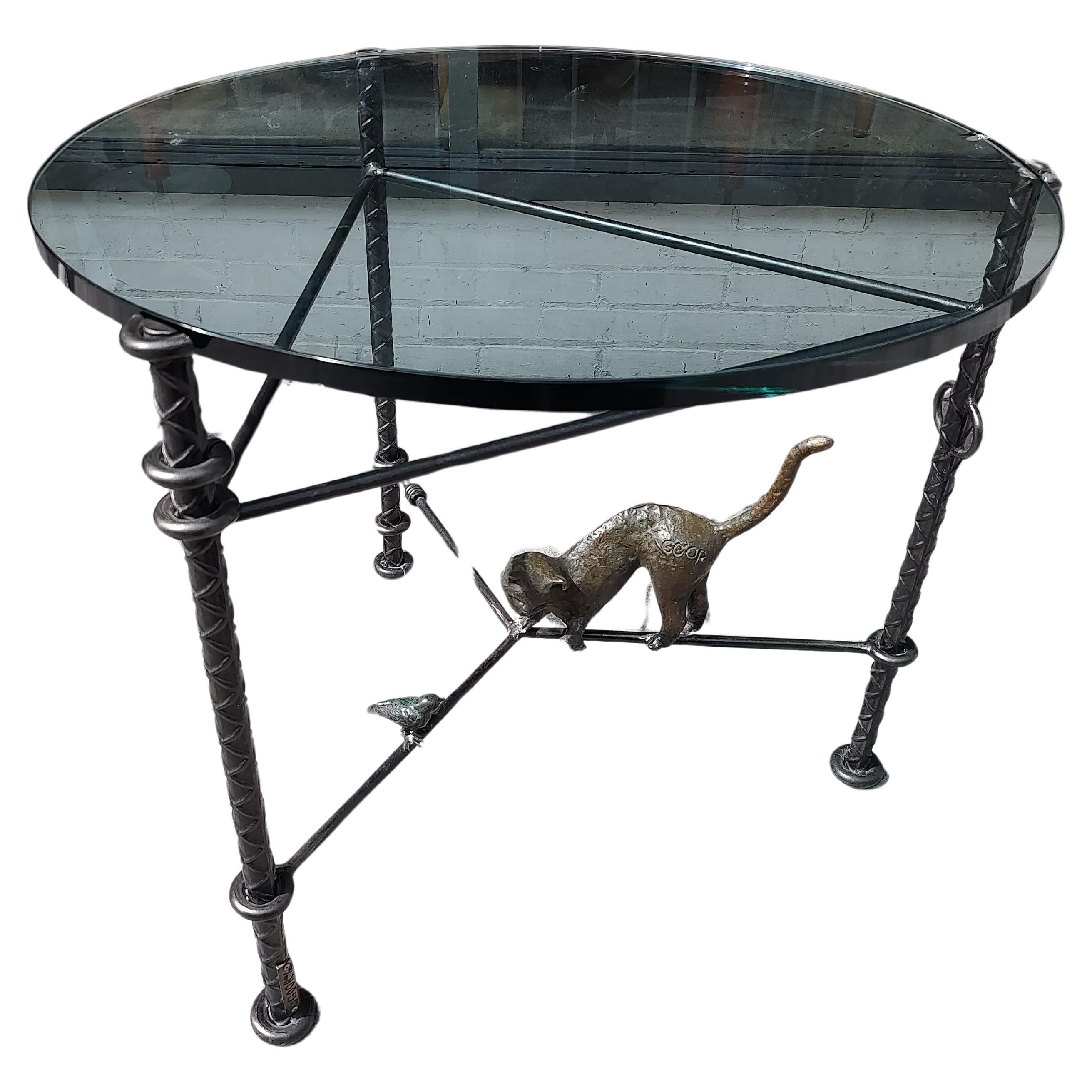 Llana Goor Israel Bronze Mid Century Table with Cat & Bird Dimensional Glass Top