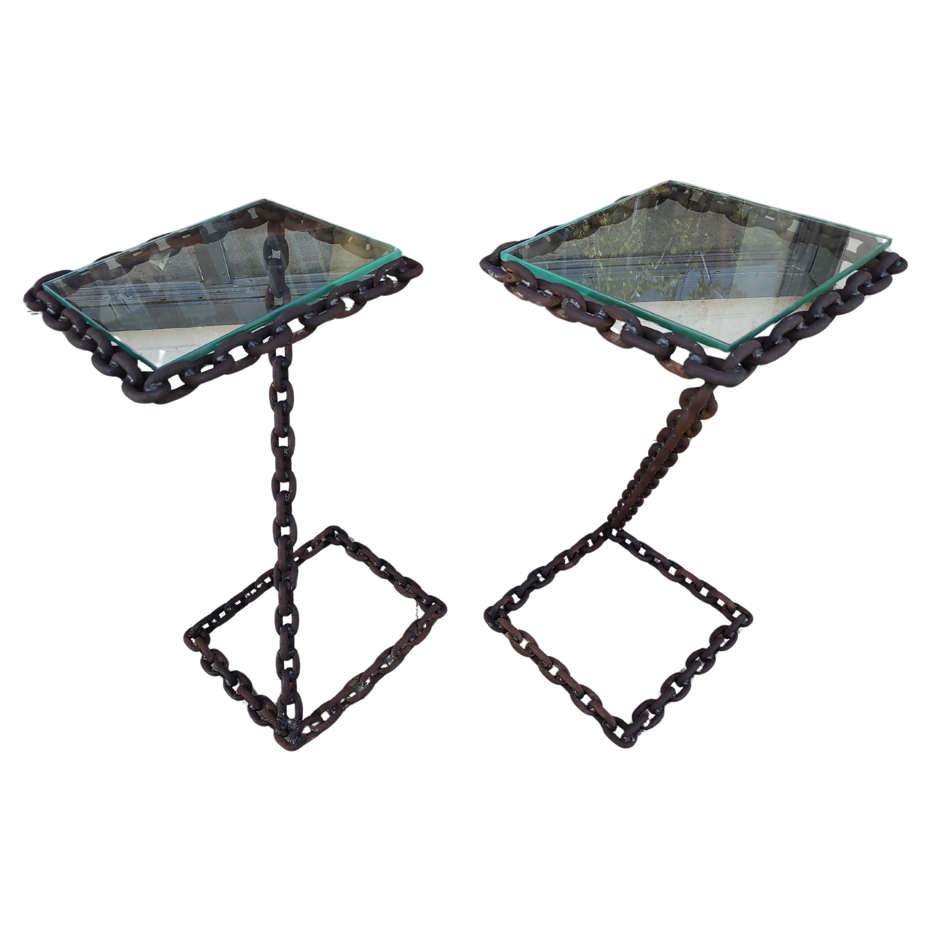 Late 20th Century Mid Century Modern Sculptural Brutalist Iron Chain Rope End Tables  For Sale