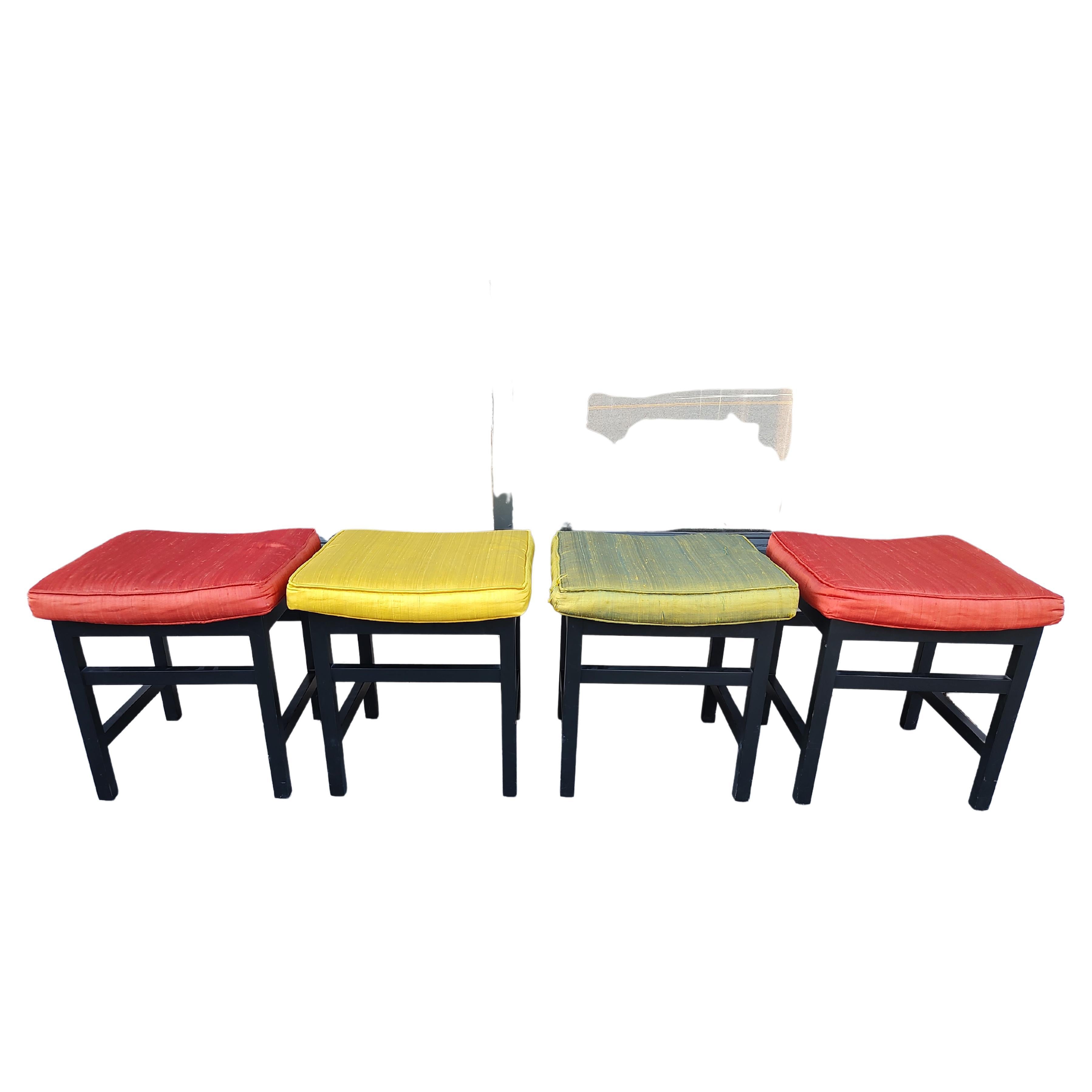Mid-Century Modern Set of 4 Stools with Silk Upholstery For Sale 2