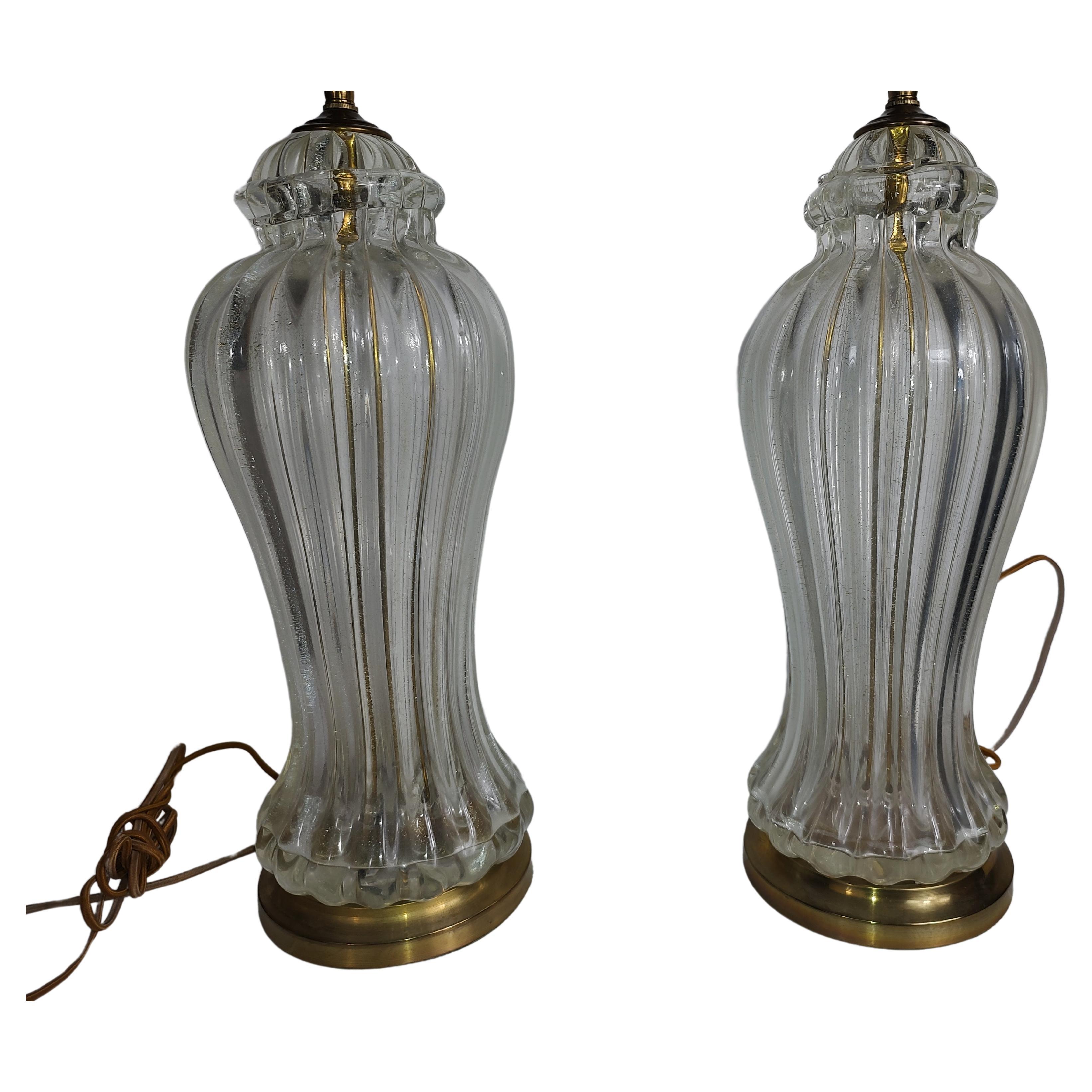 Brass Pair of Mid-Century Modern Murano Ribbed Glass Table Lamps C1970 For Sale