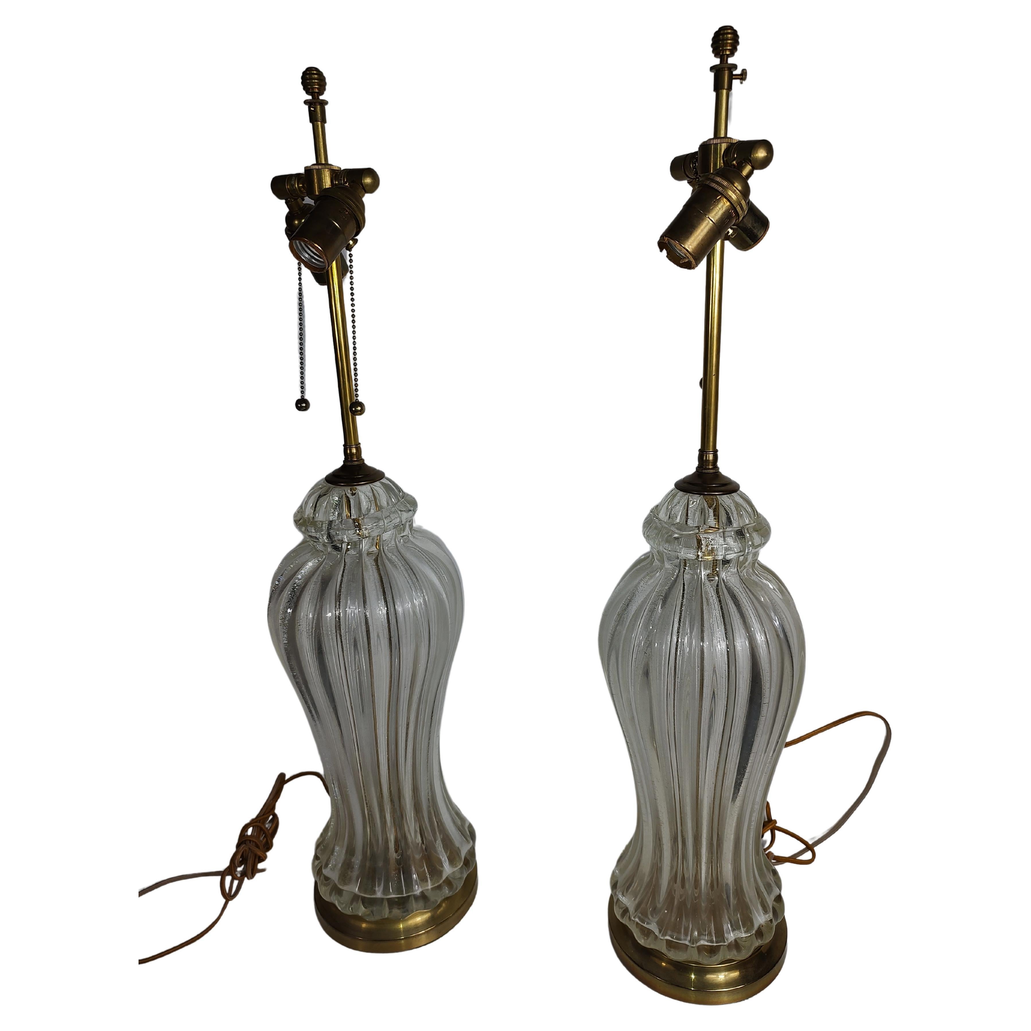 Pair of Mid-Century Modern Murano Ribbed Glass Table Lamps C1970