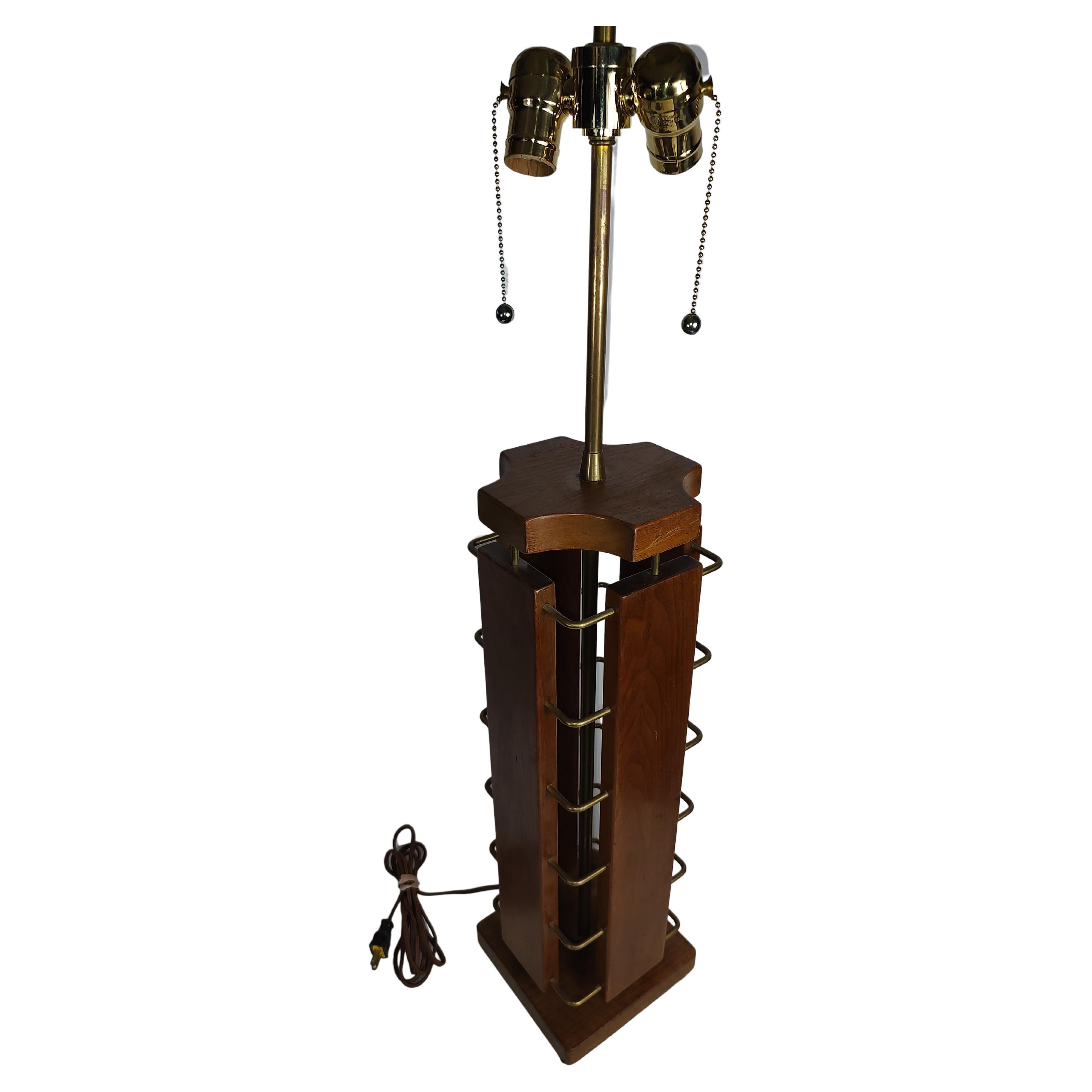 Danish Mid Century Modern Sculptural Brutalist Scandinavian Teak & Brass Table Lamp For Sale
