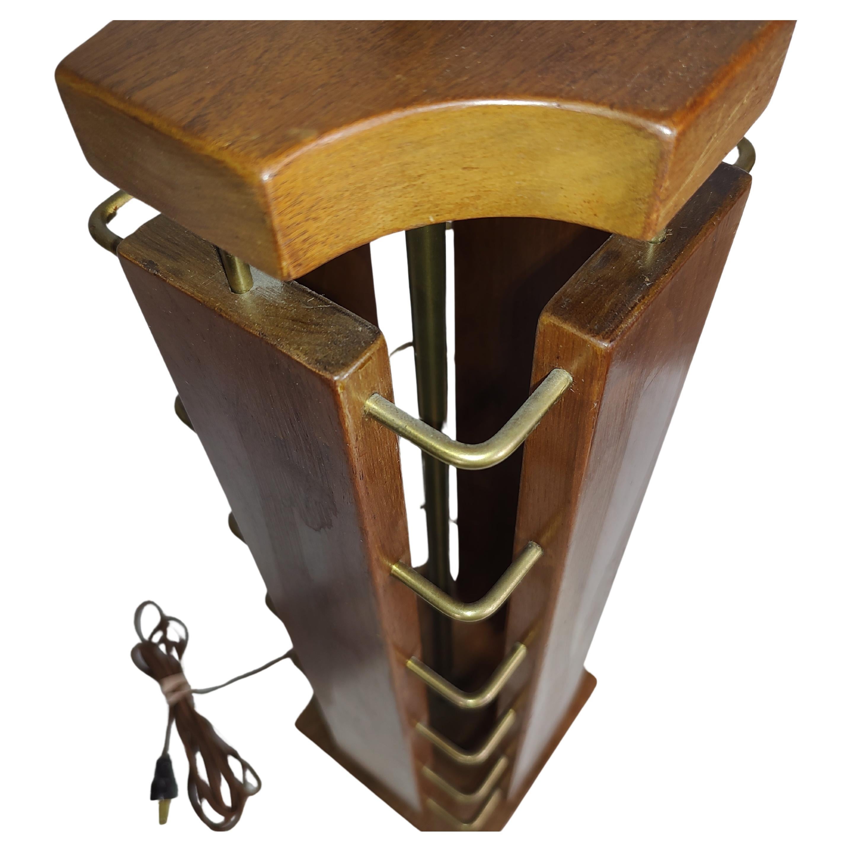 Polished Mid Century Modern Sculptural Brutalist Scandinavian Teak & Brass Table Lamp For Sale