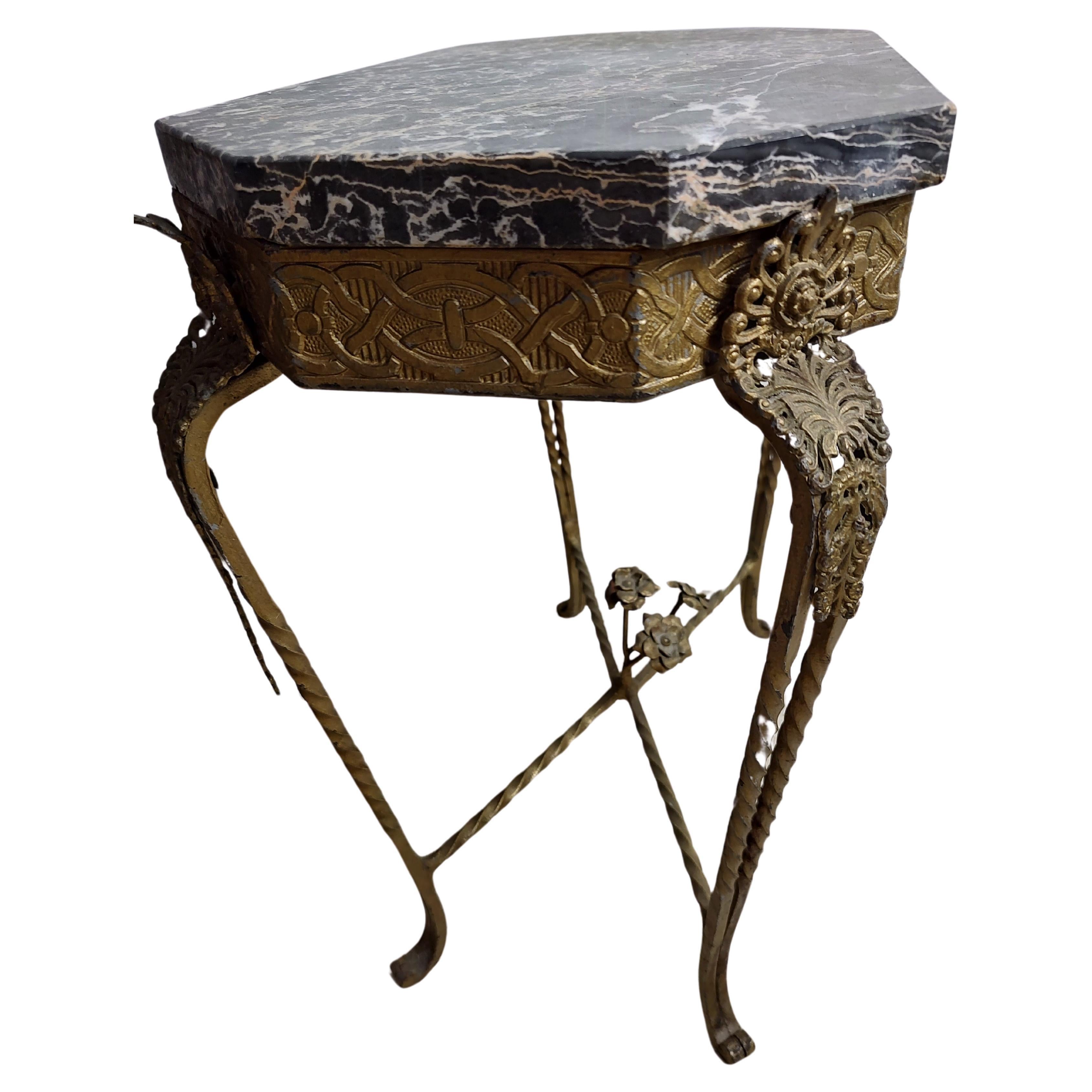 Mid-20th Century French Art Deco Gilt Iron with Marble Top Side Table For Sale