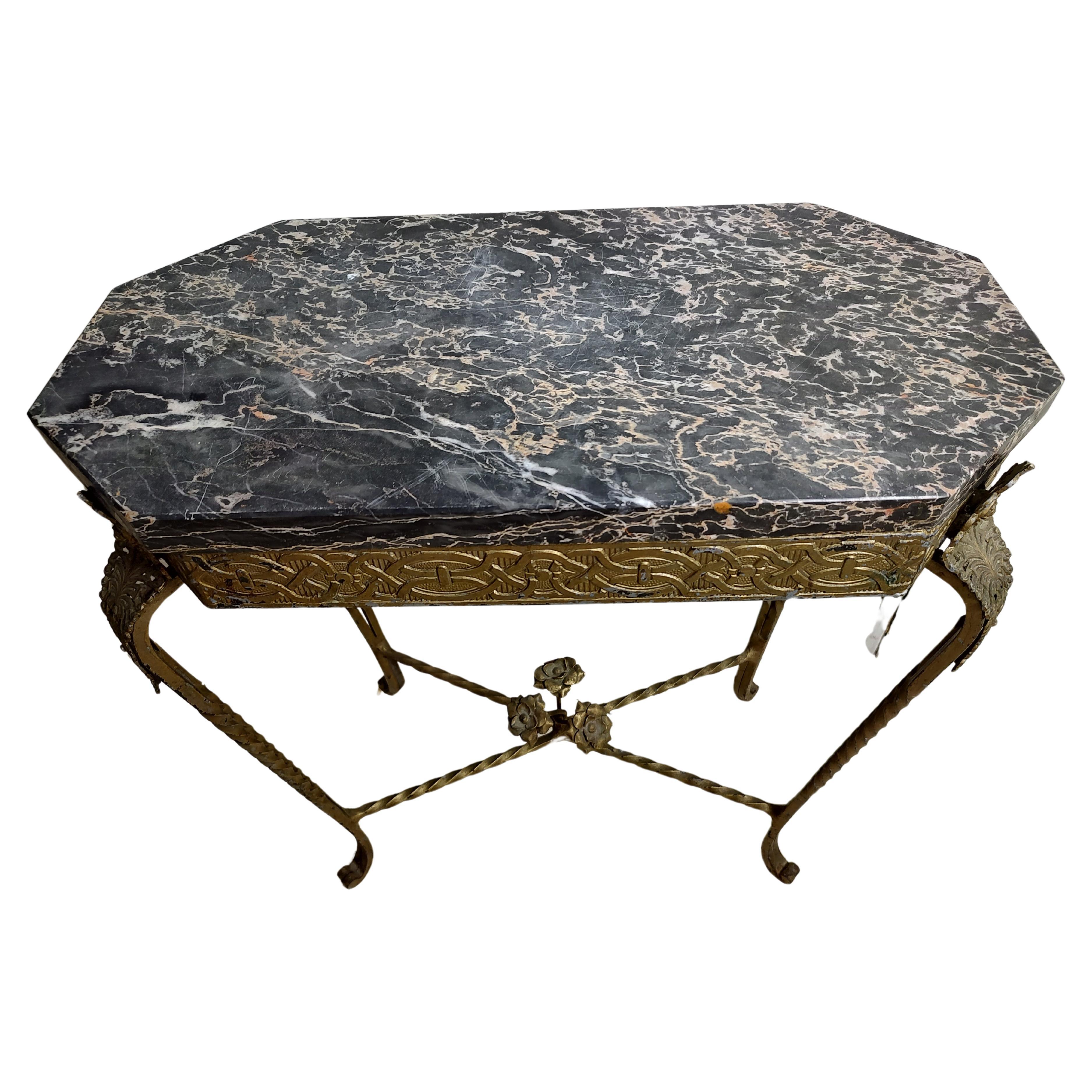 French Art Deco Gilt Iron with Marble Top Side Table For Sale