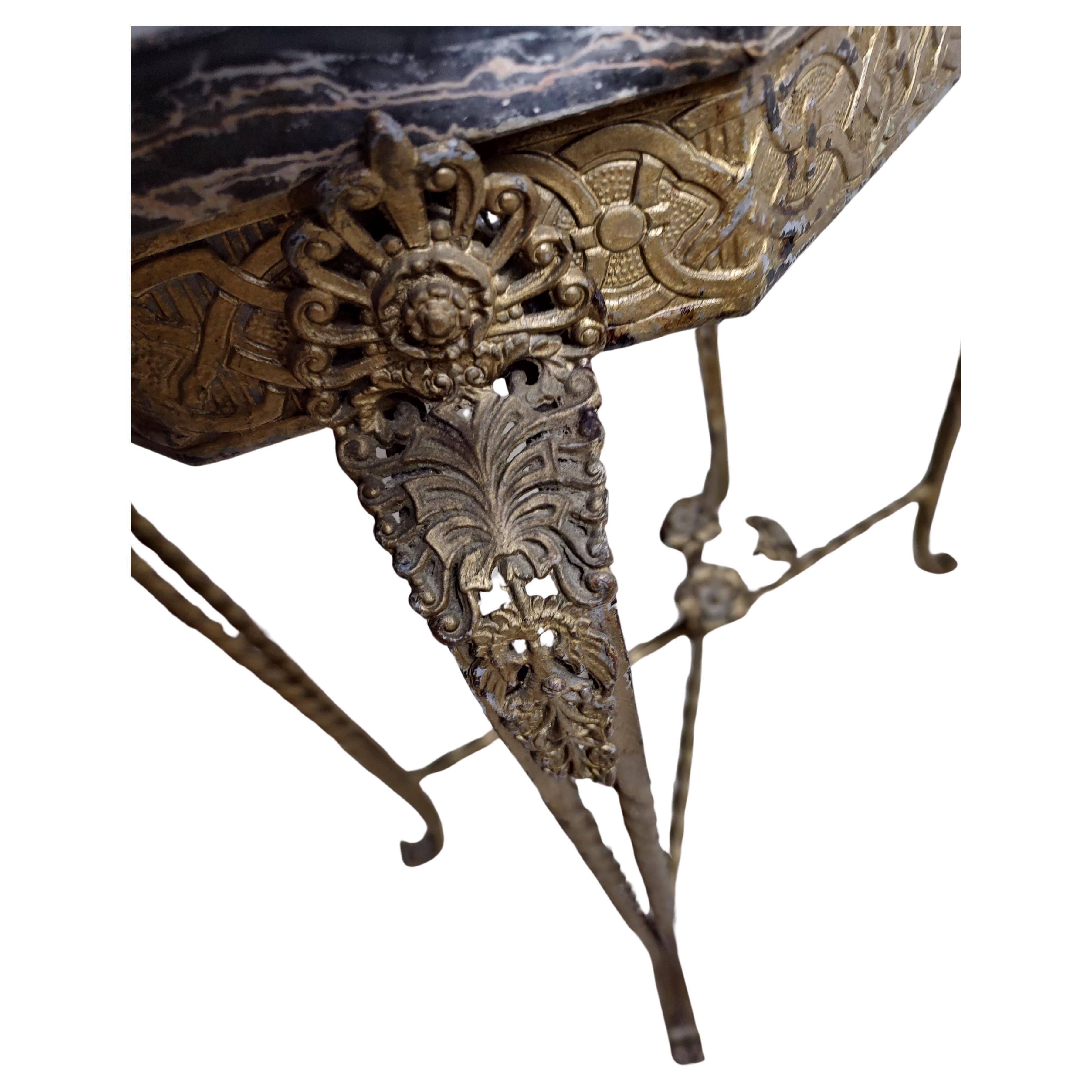 Hand-Crafted French Art Deco Gilt Iron with Marble Top Side Table For Sale