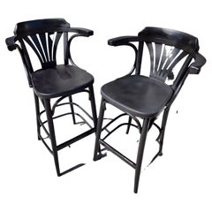 Pair of Mid Century Bentwood Thonet Style Bar Stools with Backs & Arms