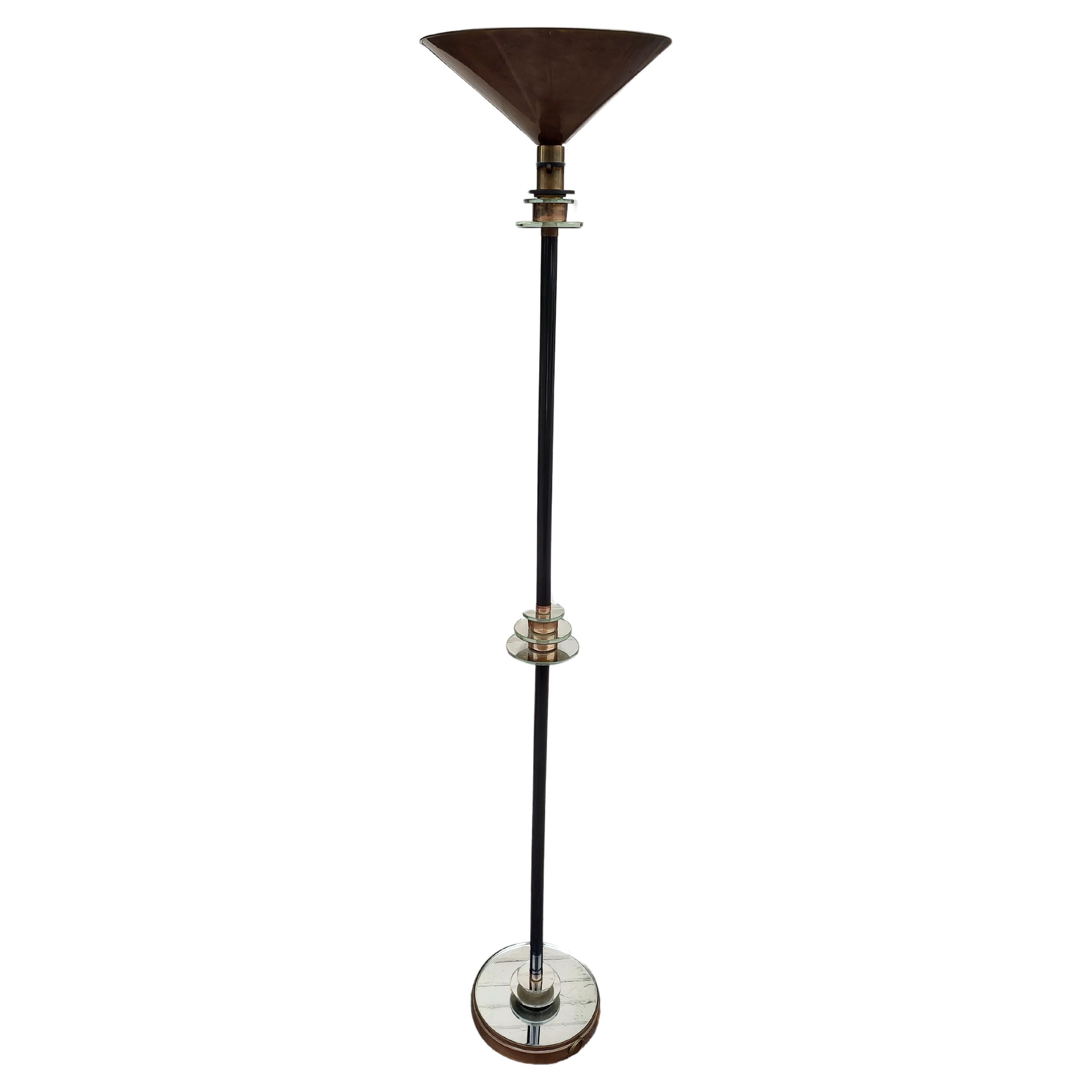 Fabulous Art Deco torchiere floor lamp with a stepped mirror base and accent in the center. Brass shade and entire lamp in excellent vintage condition. Inline dimmer switch.