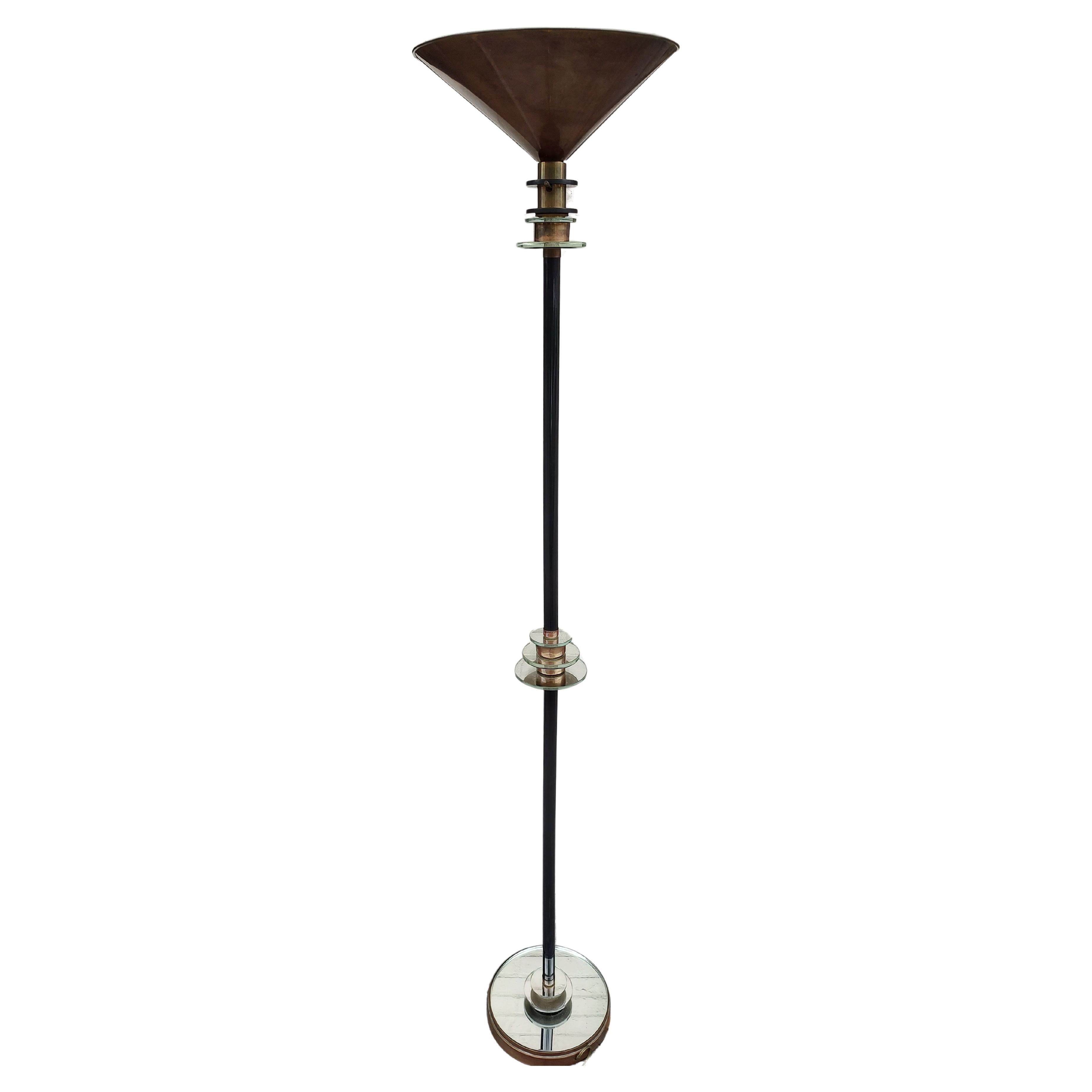 Art Deco Torchiere Floor Lamp with Stepped Mirror Design For Sale