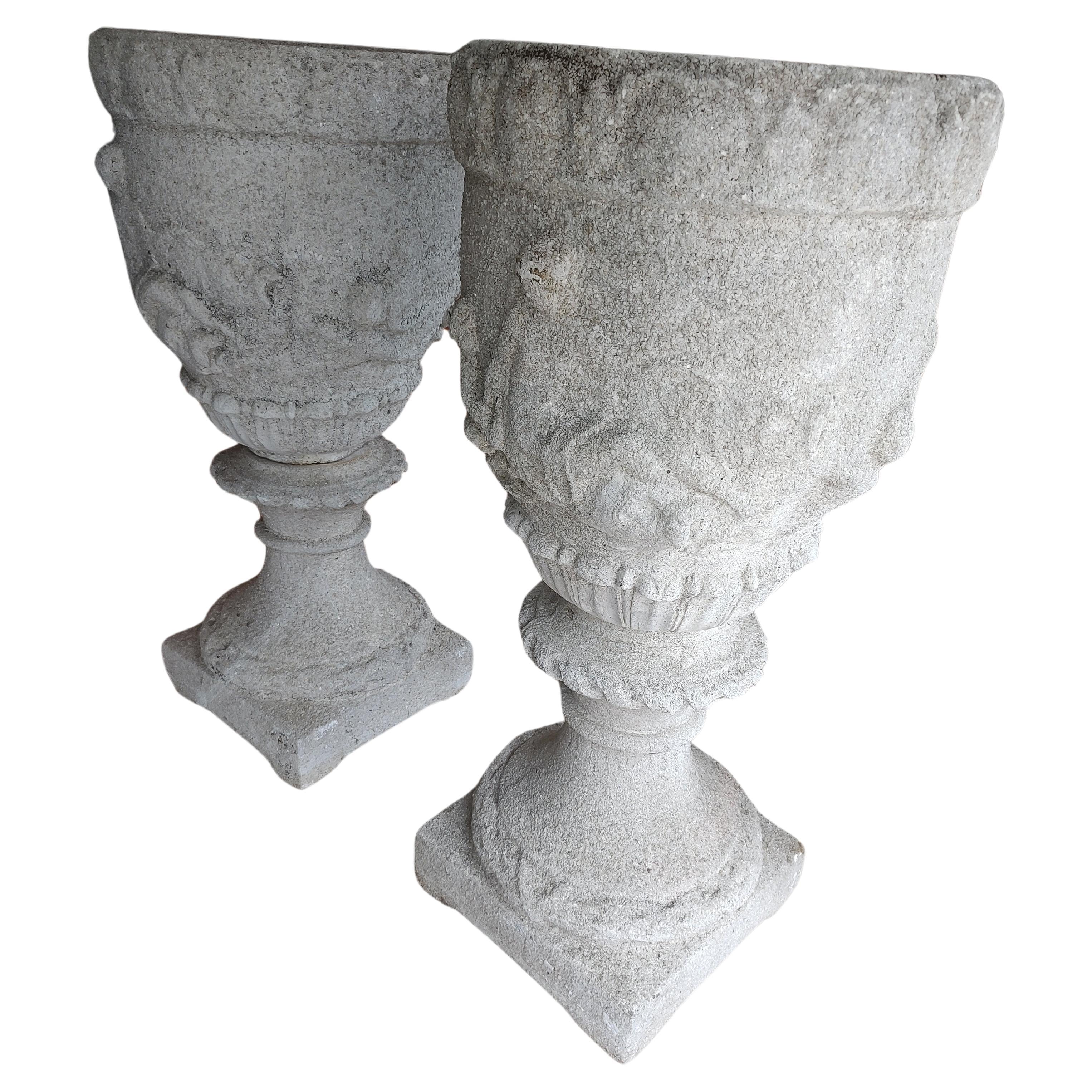 Moulage Pair of 19thC Cast Stone & Shell with Bas Relief Tall Jardineres Planters en vente