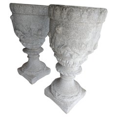Antique Pair of 19thC Cast Stone & Shell with Bas Relief Tall Jardineres Planters