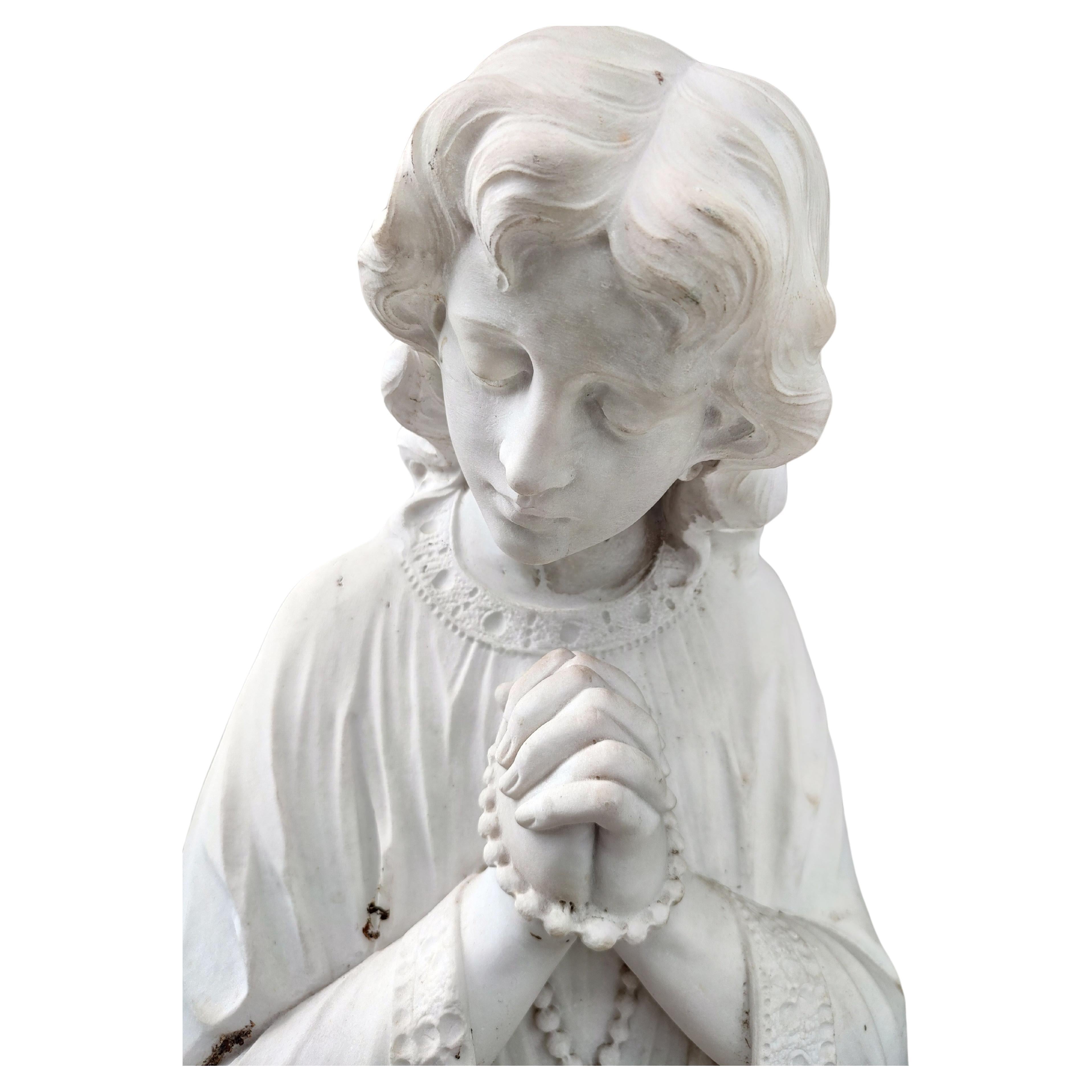 Pair of Early 20thC Hand Carved Carrara Marble Guardian Angels Praying For Sale 5