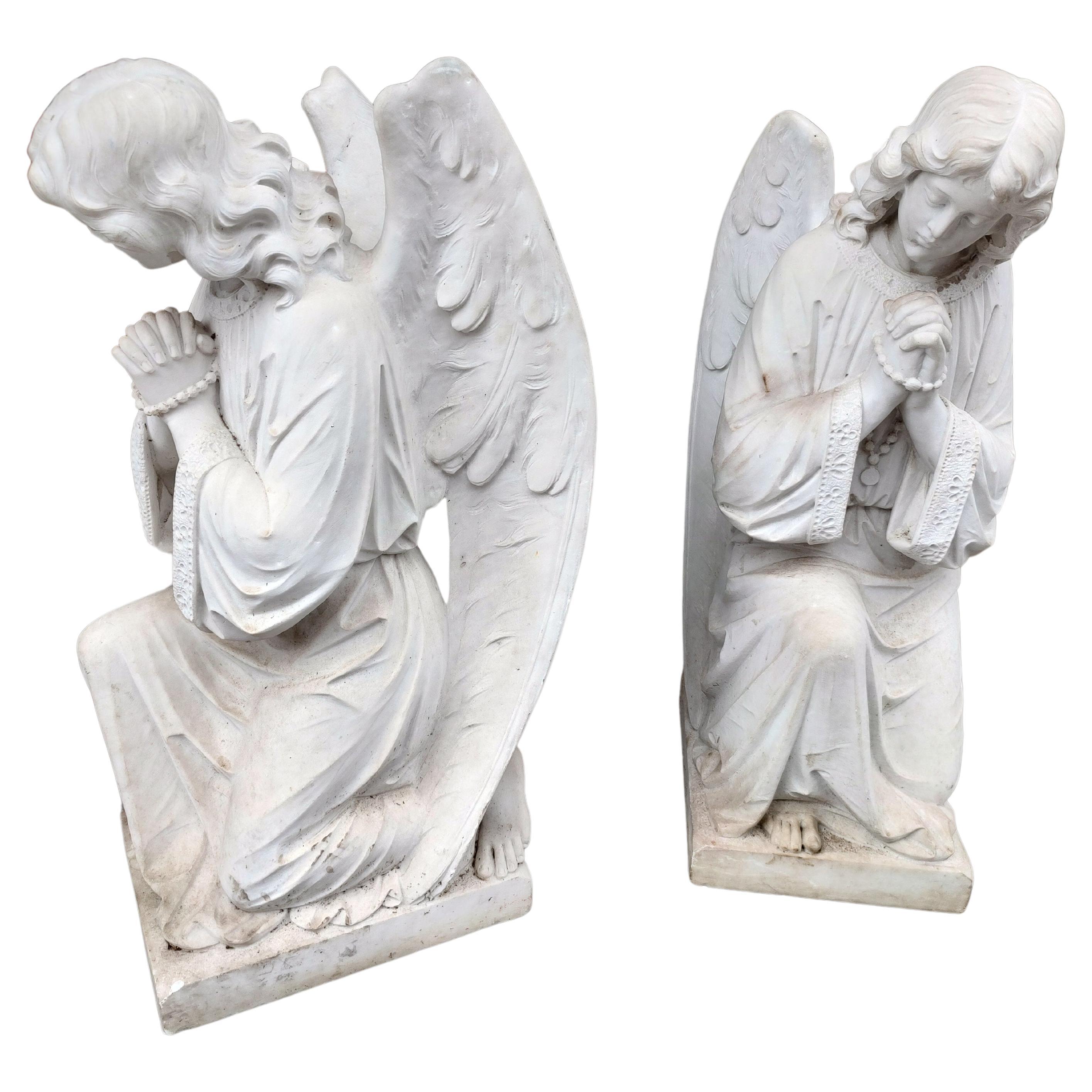 Pair of Early 20thC Hand Carved Carrara Marble Guardian Angels Praying