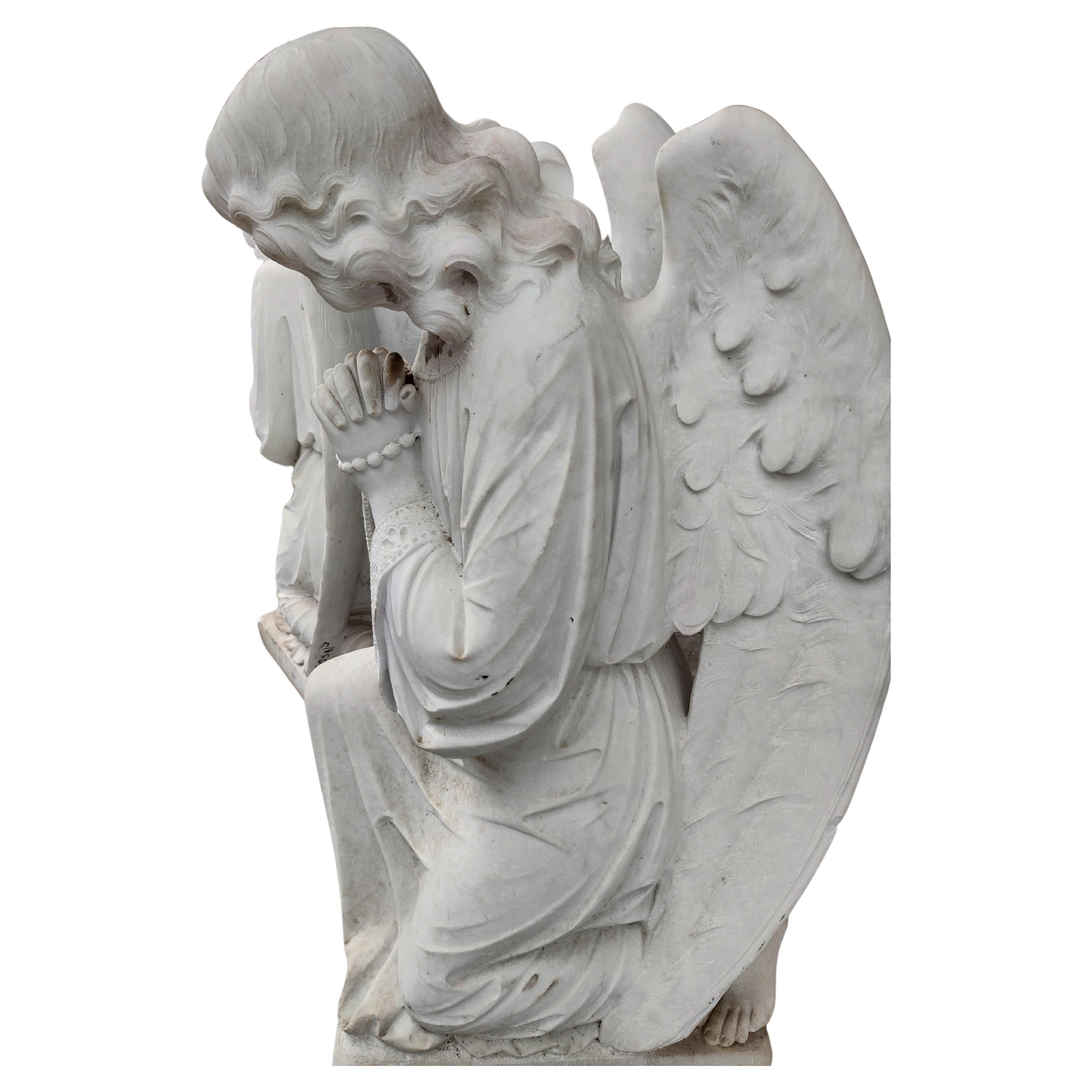 Early 20th Century Pair of Early 20thC Hand Carved Carrara Marble Guardian Angels Praying For Sale