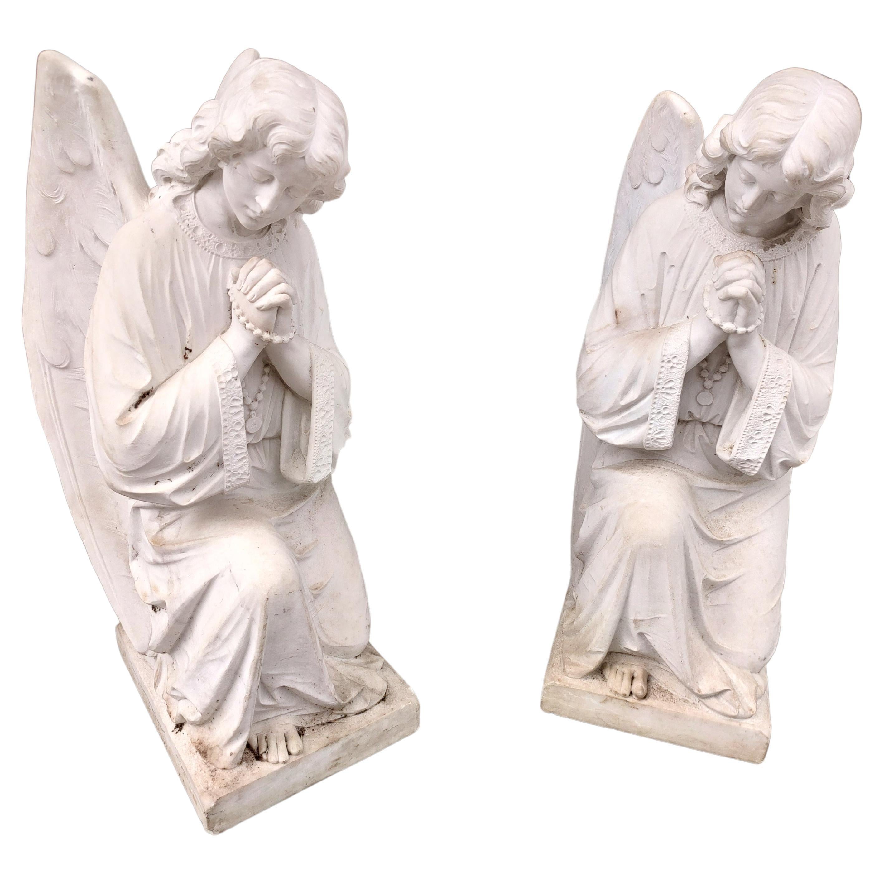 Pair of Early 20thC Hand Carved Carrara Marble Guardian Angels Praying For Sale