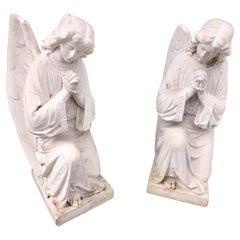 Pair of Early 20thC Hand Carved Carrara Marble Guardian Angels Praying