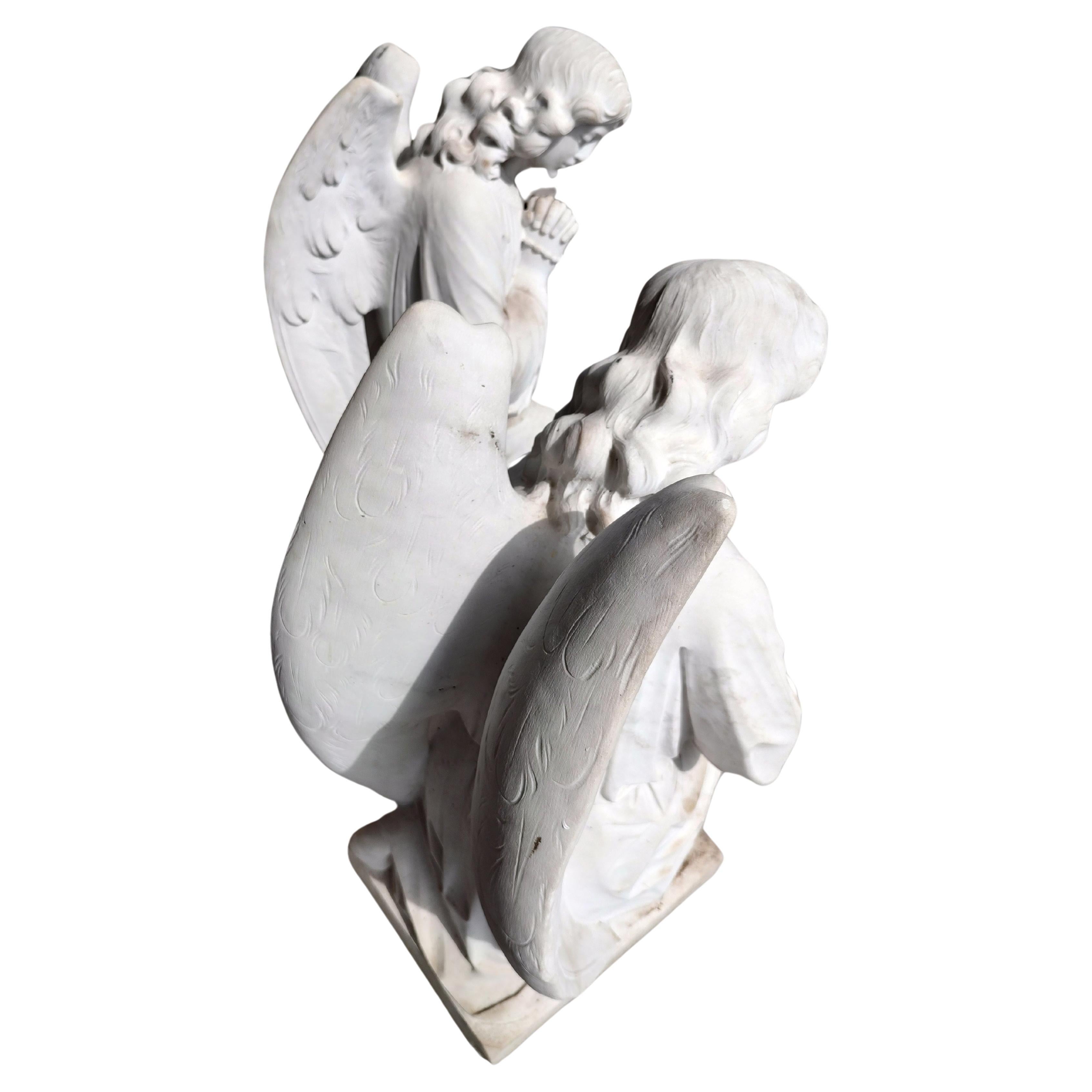 Pair of Early 20thC Hand Carved Carrara Marble Guardian Angels Praying In Good Condition For Sale In Port Jervis, NY