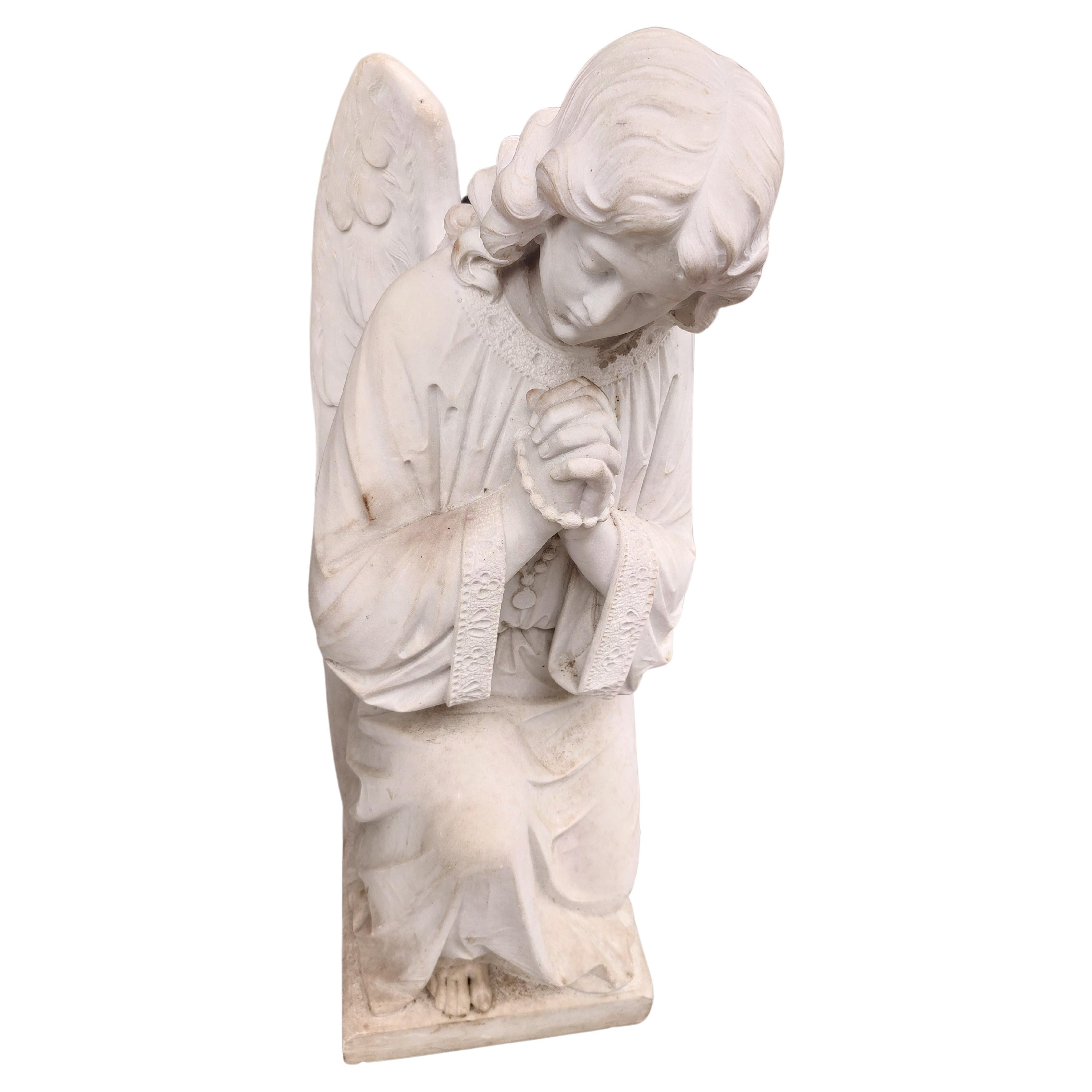 Italian Pair of Early 20thC Hand Carved Carrara Marble Guardian Angels Praying For Sale
