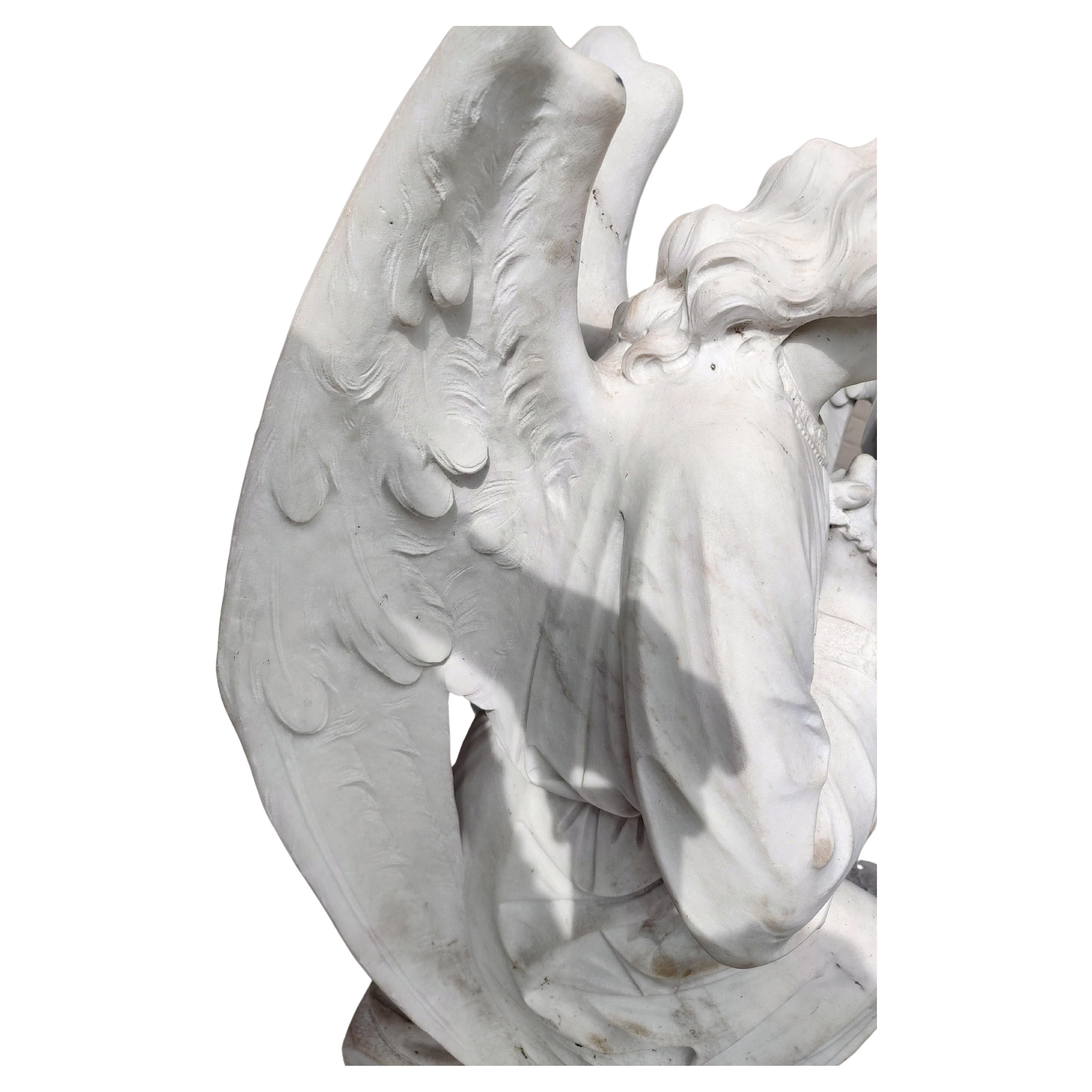 Classical Roman Pair of Early 20thC Hand Carved Carrara Marble Guardian Angels Praying For Sale
