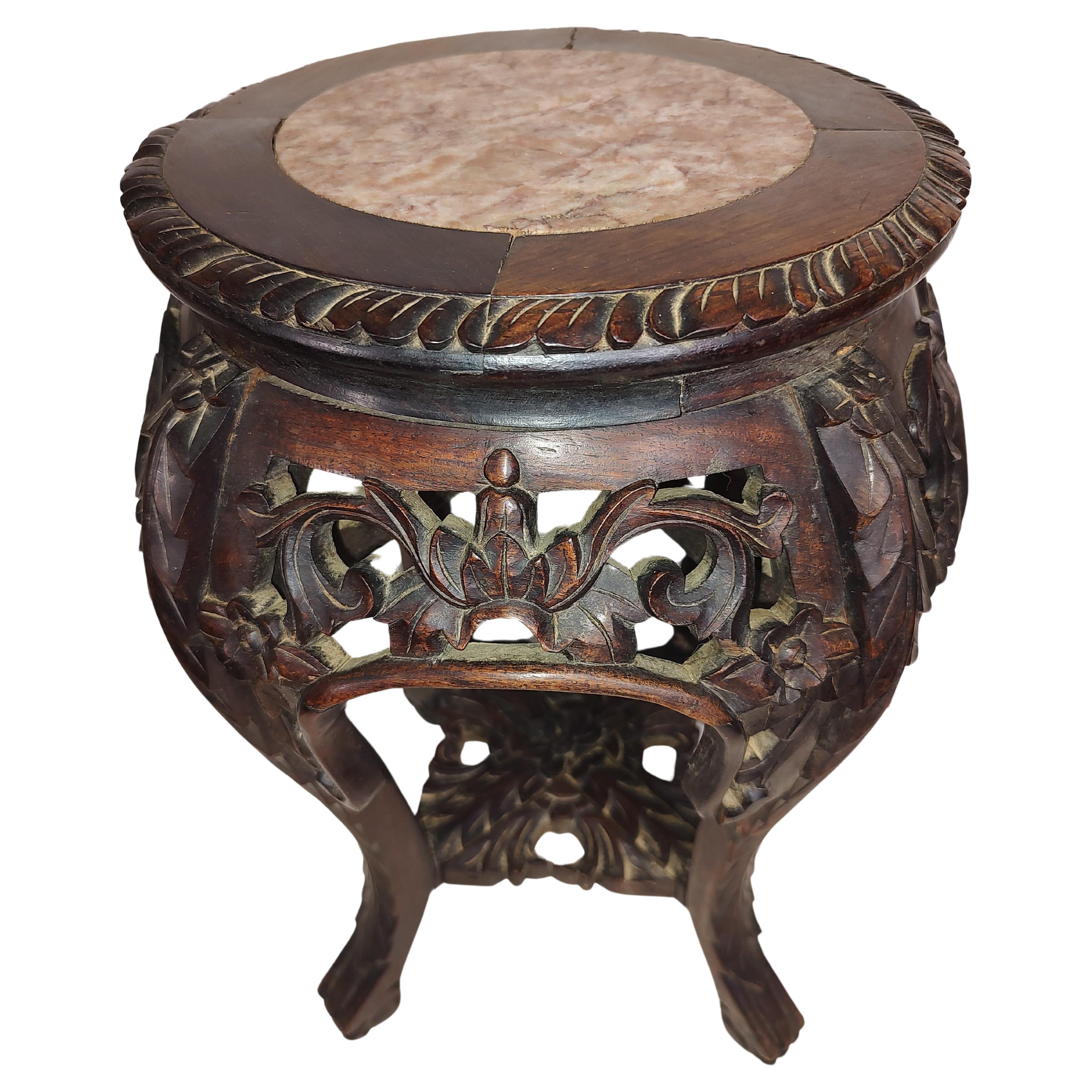 Hand-Carved Late 19thC Carved Chinese Rosewood Side End Table  For Sale