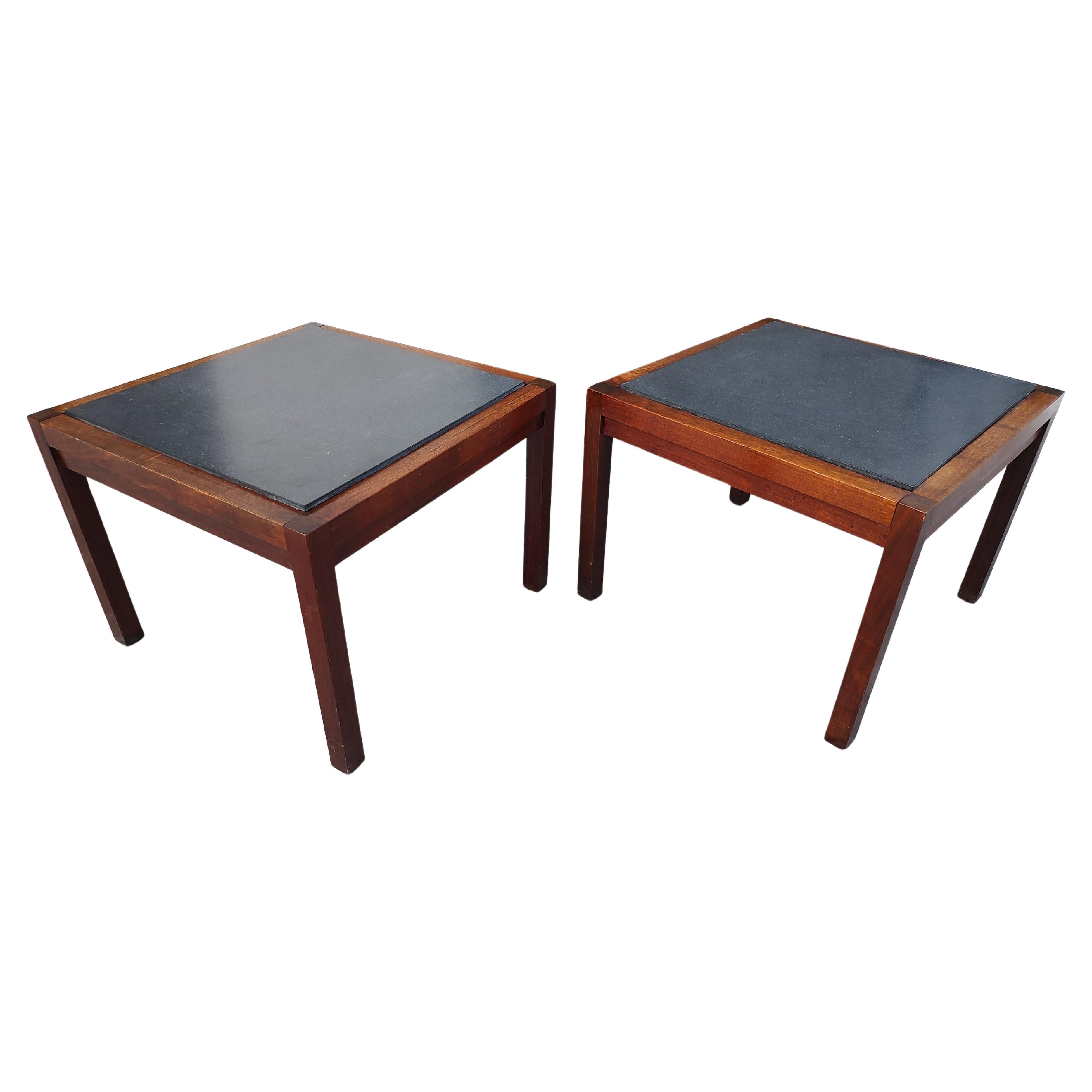 2 Pairs of Mid-Century Modern Stone Top Walnut Side End Tables, c1965