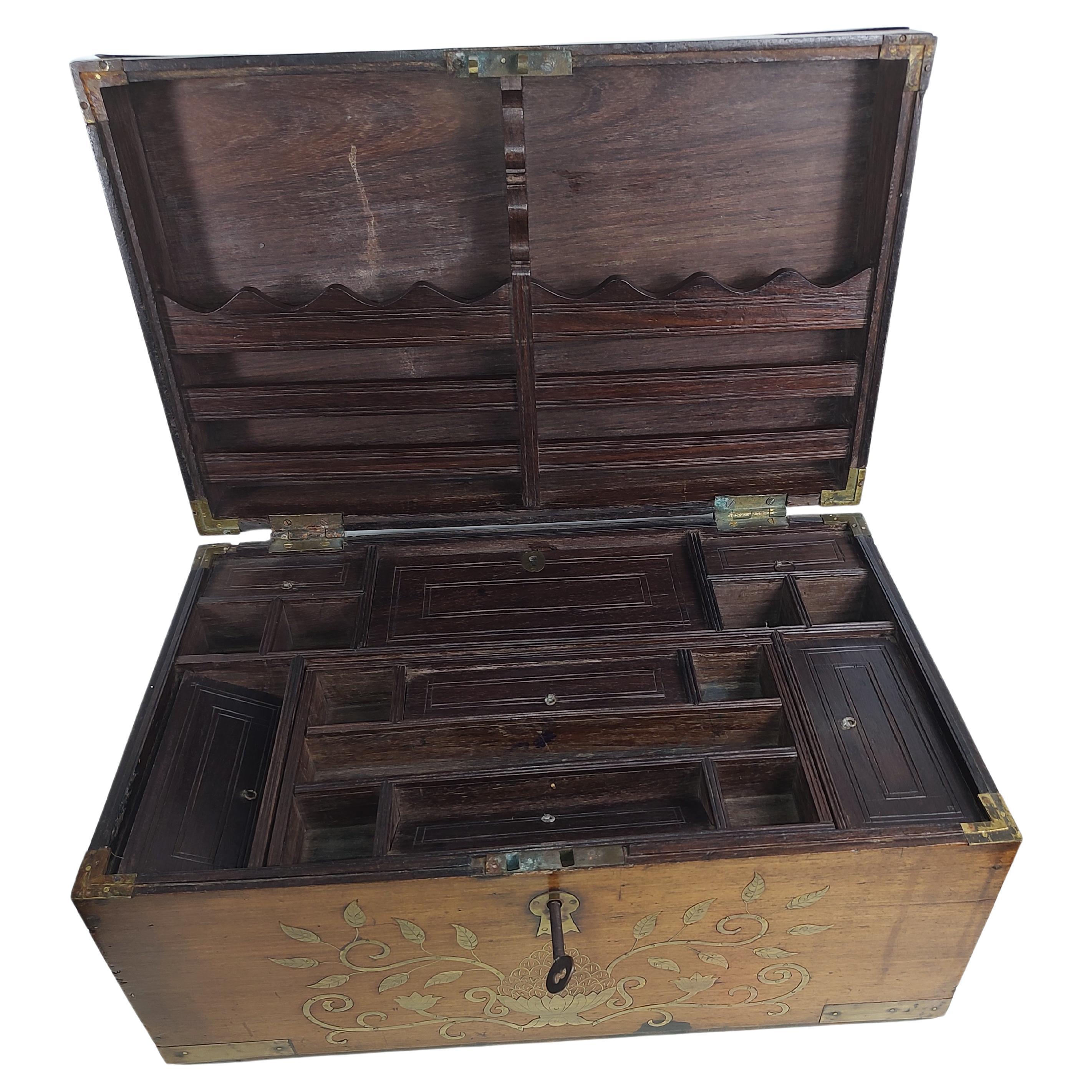 19thC Campaign Style Rosewood with Brass Inlay Stationary Letter Box For Sale 1