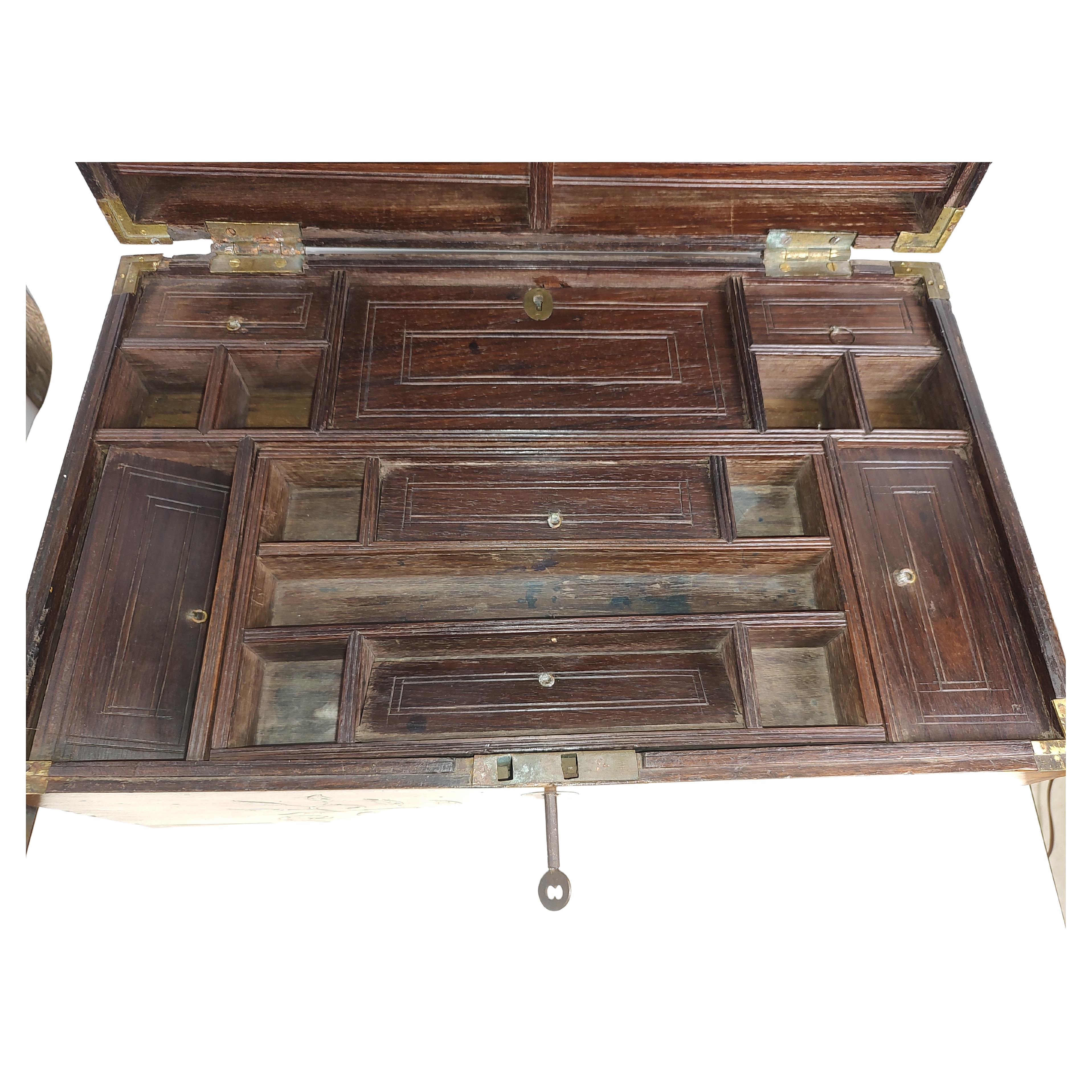 Hand-Crafted 19thC Campaign Style Rosewood with Brass Inlay Stationary Letter Box For Sale