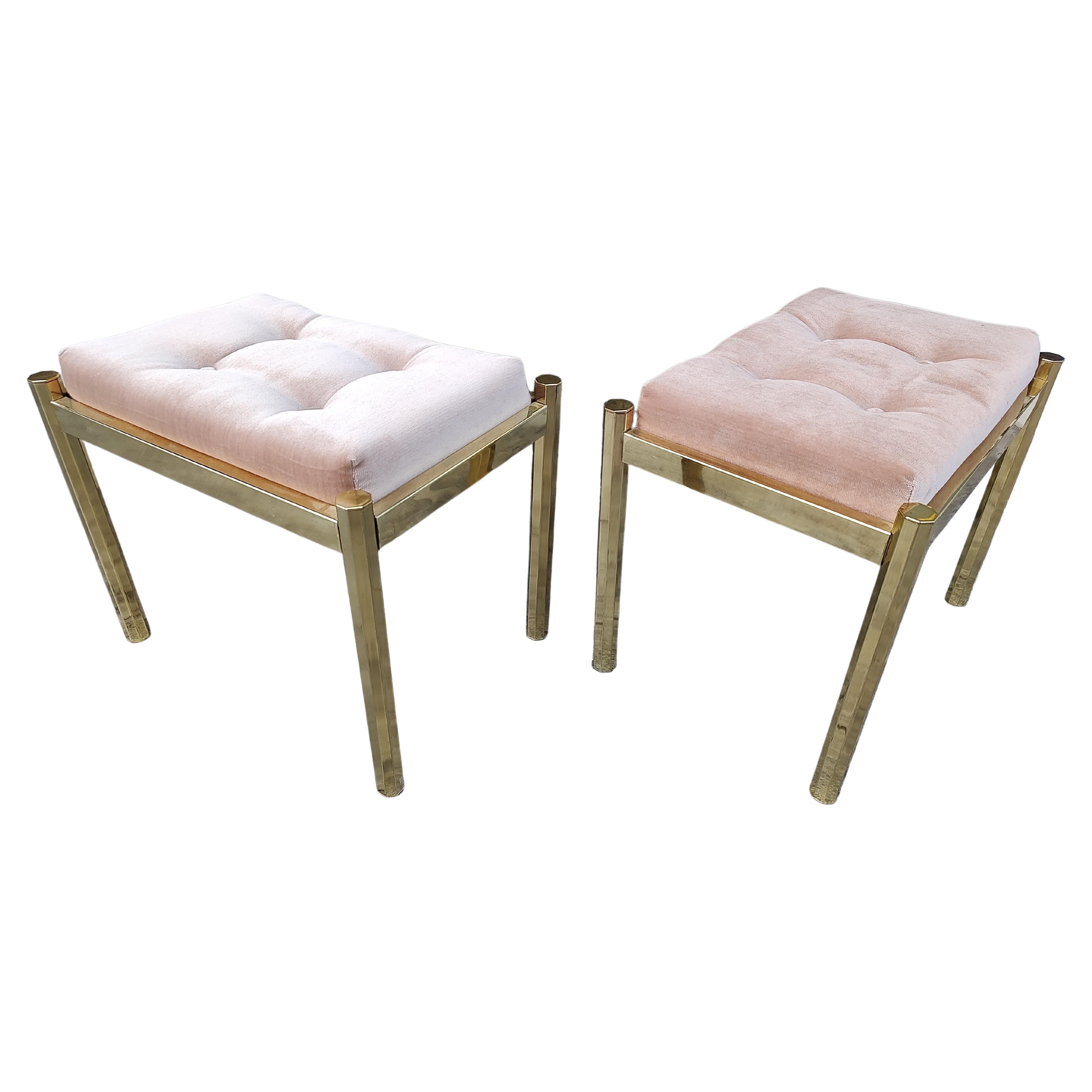 Pair of Mid-Century Modern Hollywood Regency Brass with Tufted Cushions Benches