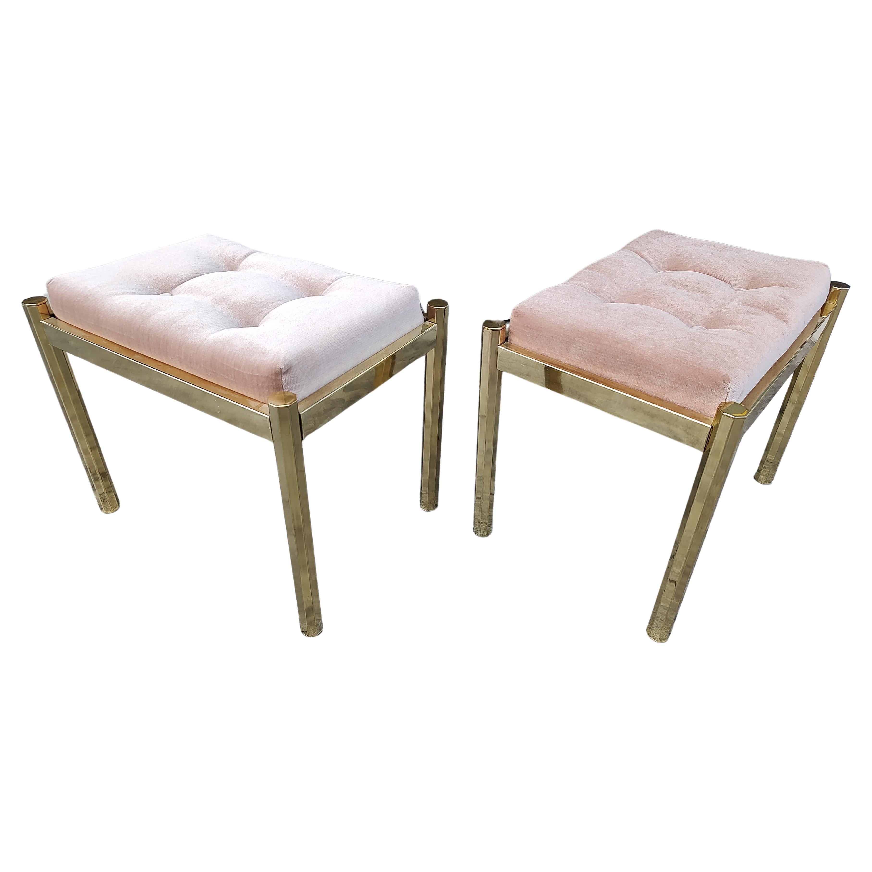 Polished Pair of Mid-Century Modern Hollywood Regency Brass with Tufted Cushions Benches