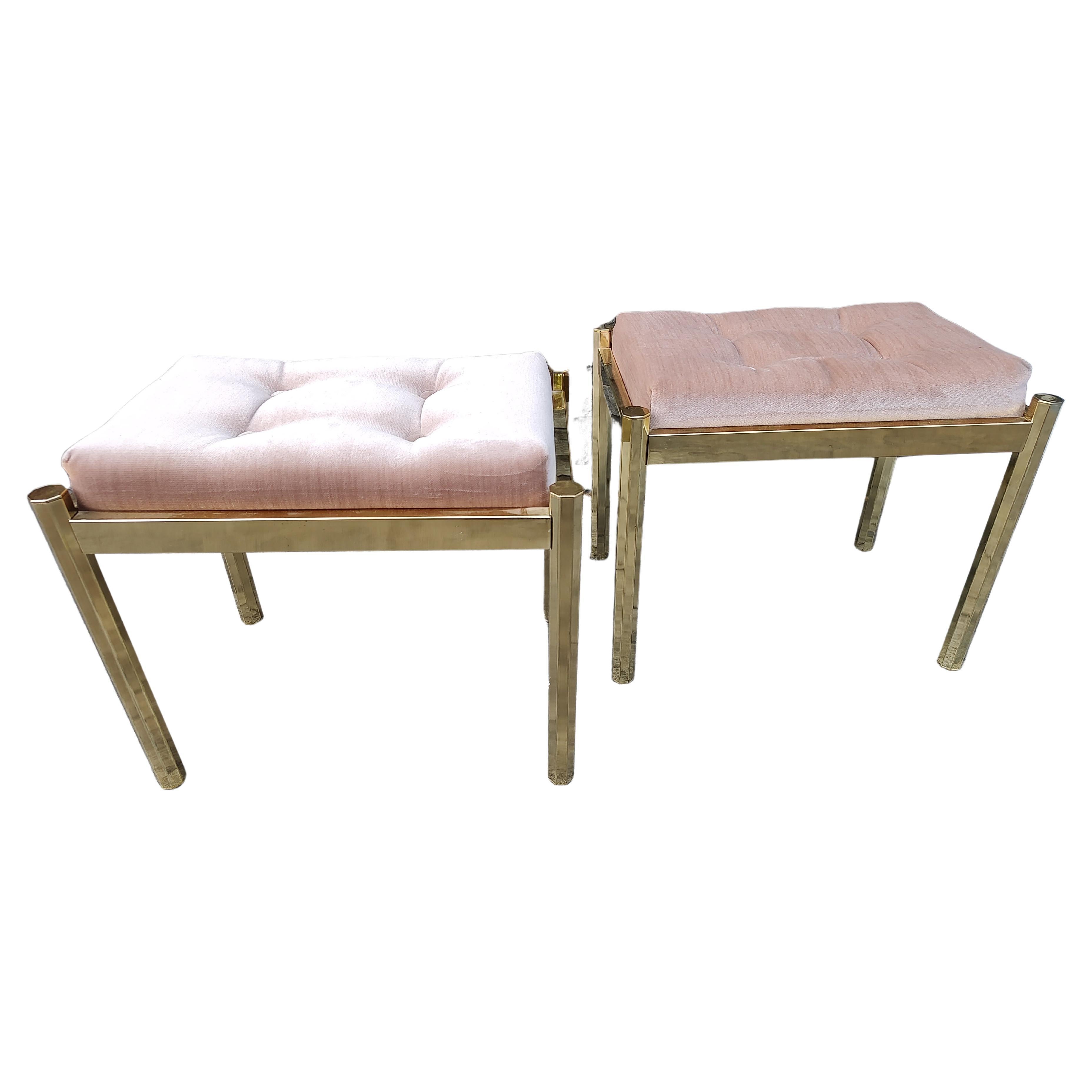 Simple and elegant pair of Mid-Century Modern brass benches with octagonal legs and a tufted seat. In excellent vintage condition with minimal wear. Sold and priced as a pair. Can be parcel posted.