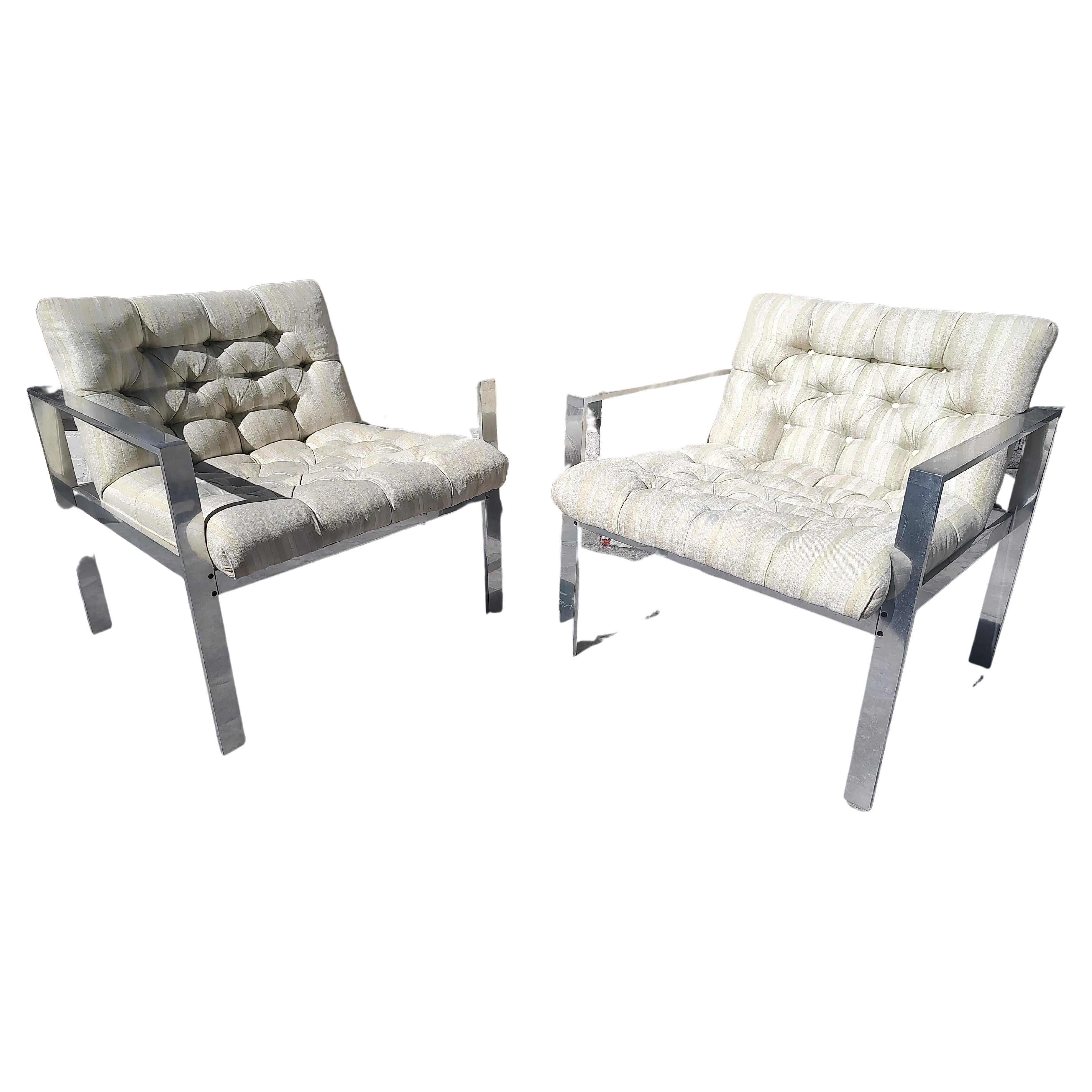 Pair of Mid-Century Modern Tufted Aluminum Lounge Chairs by Harvey Probber For Sale